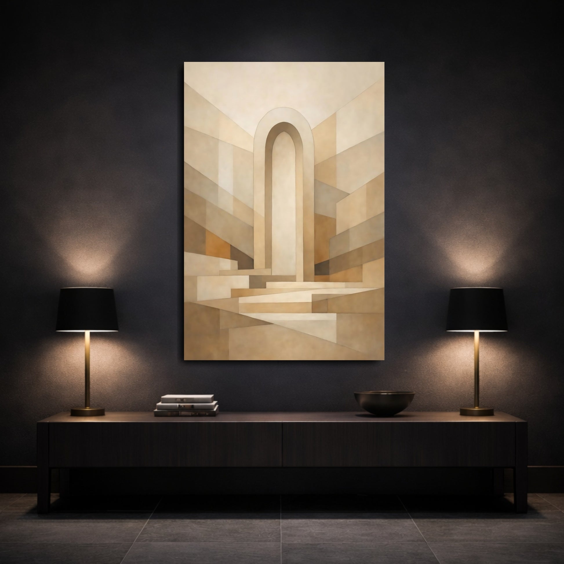 Mockup 2. Abstract Archway Beige And Brown shown as stretched canvas wall art