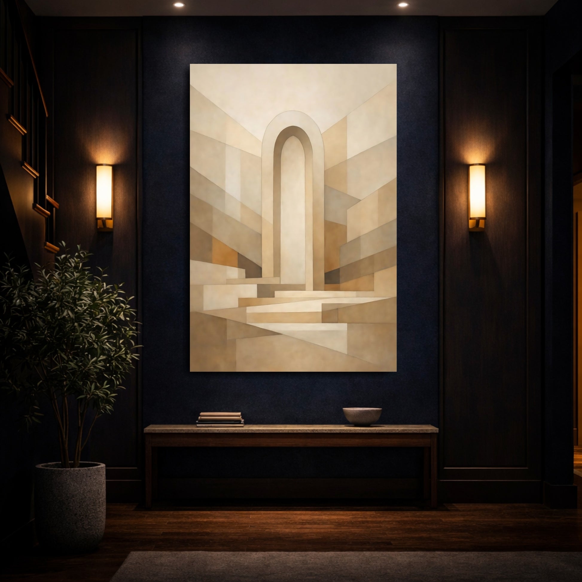 Mockup 3. Abstract Archway Beige And Brown shown as stretched canvas wall art