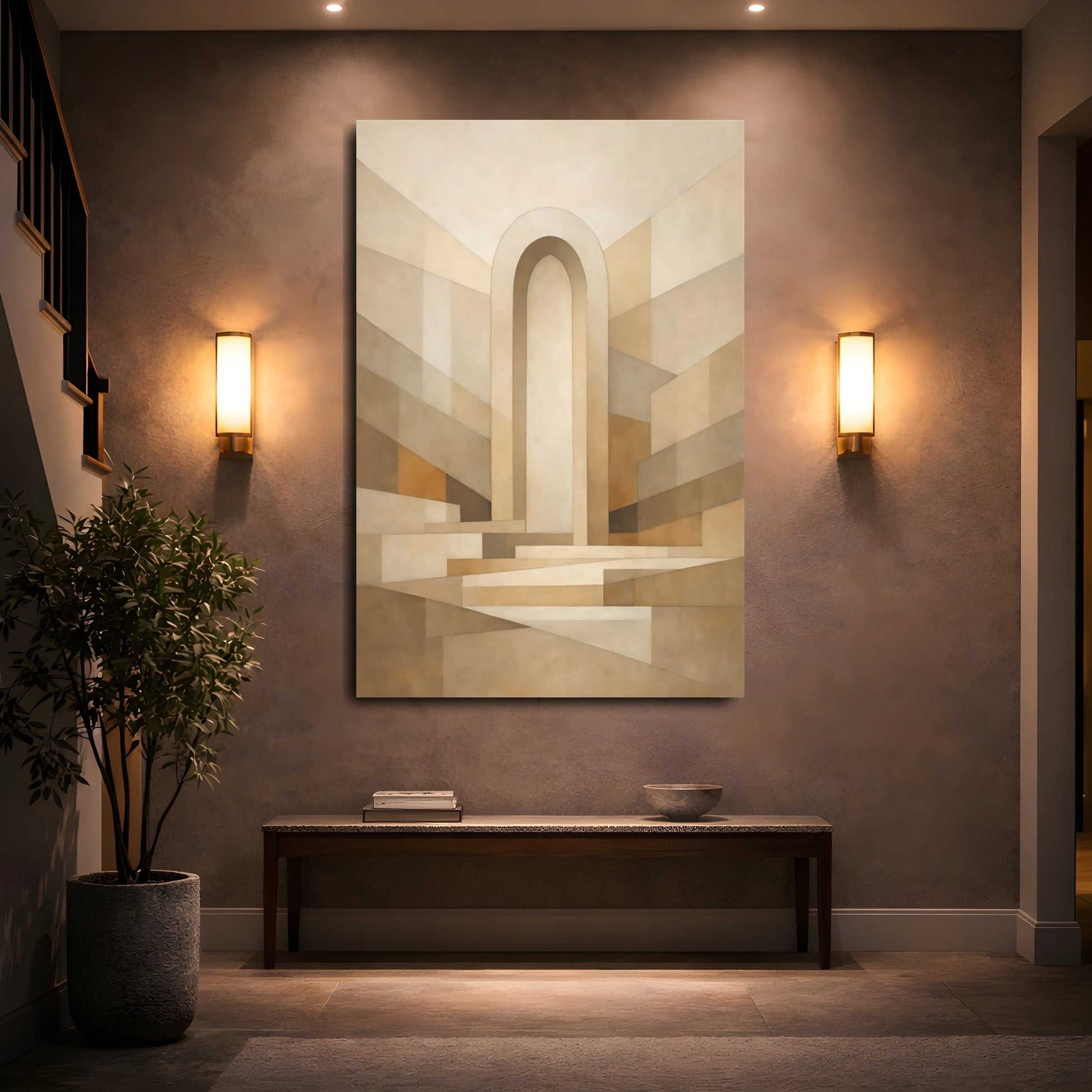 Mockup 4. Abstract Archway Beige And Brown shown as stretched canvas wall art