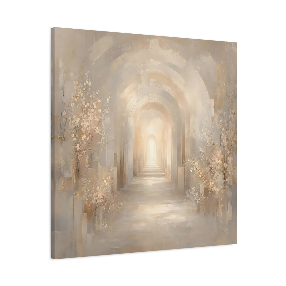 Main Mockup. Abstract Archway Beige And Gold shown as stretched canvas wall art