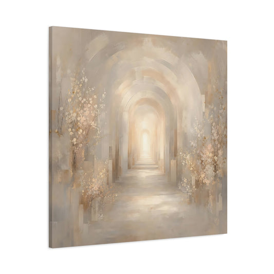 Main Mockup. Abstract Archway Beige And Gold shown as stretched canvas wall art