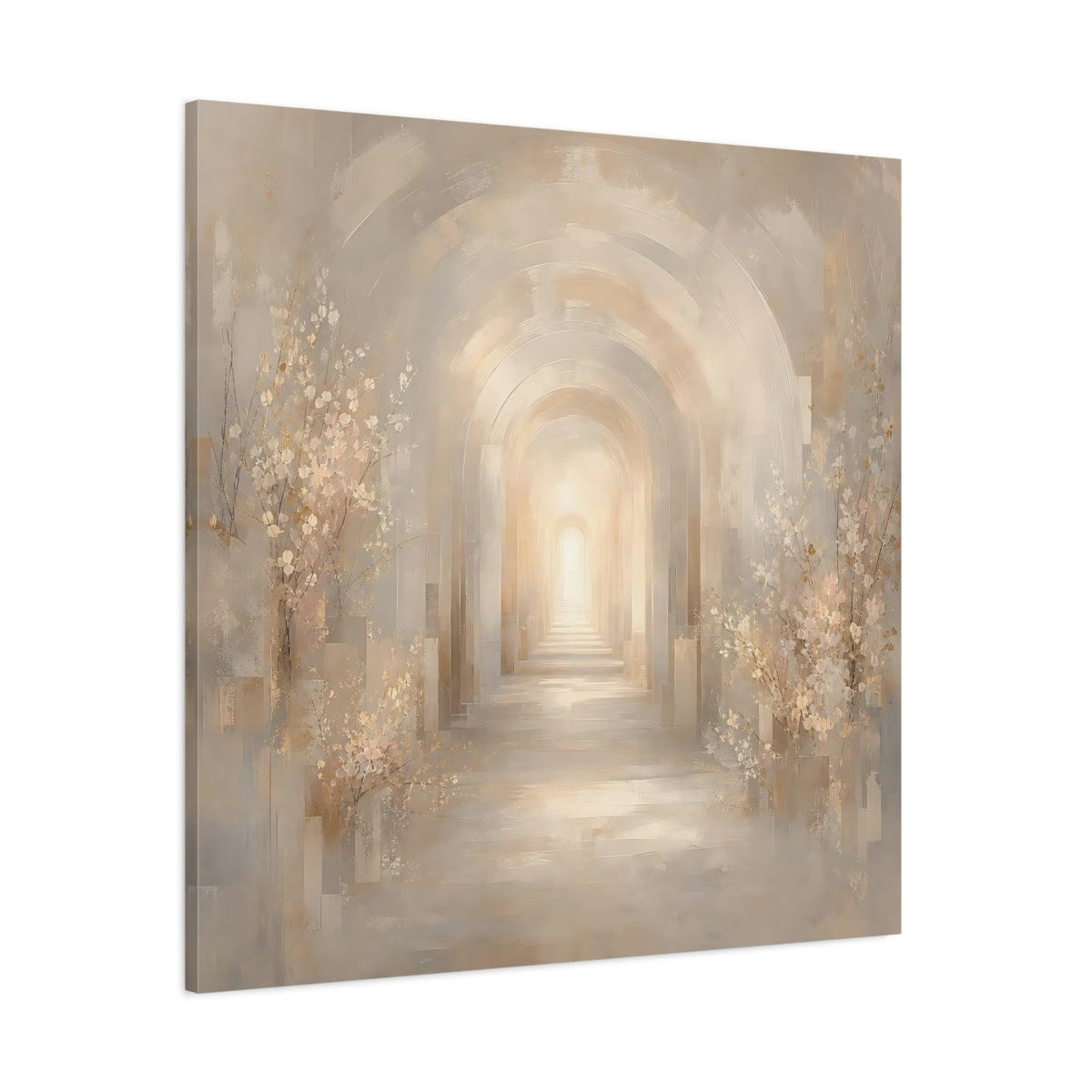 Side Mockup 1. Abstract Archway Beige And Gold shown as stretched canvas wall art