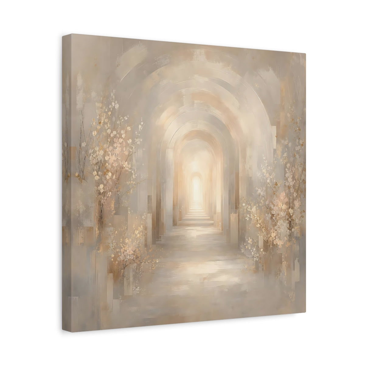 Side Mockup 6. Abstract Archway Beige And Gold shown as stretched canvas wall art