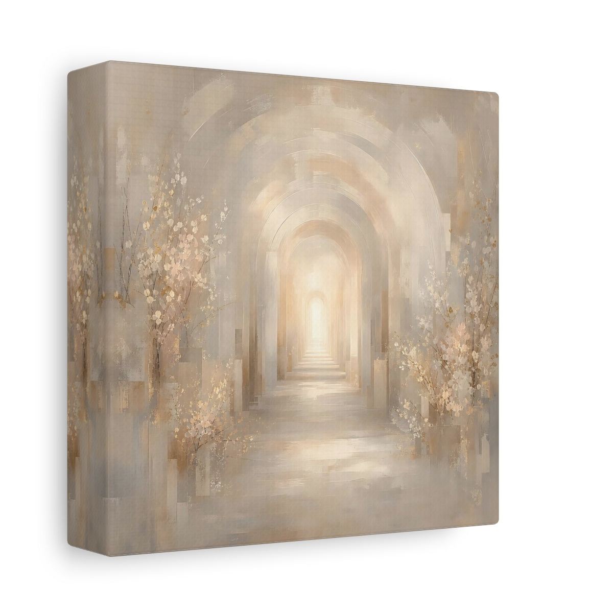 Side Mockup 2. Abstract Archway Beige And Gold shown as stretched canvas wall art