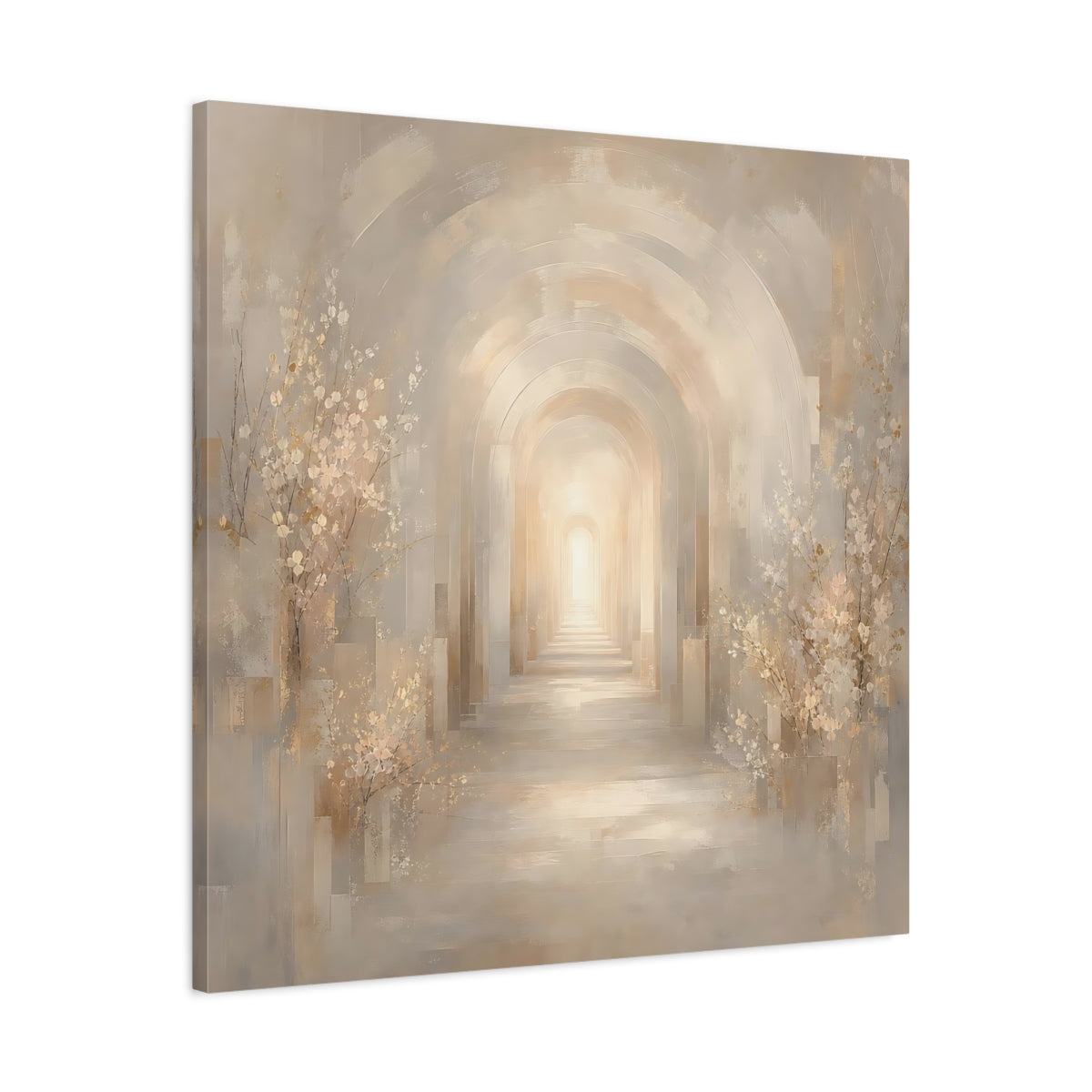 Side Mockup 3. Abstract Archway Beige And Gold shown as stretched canvas wall art