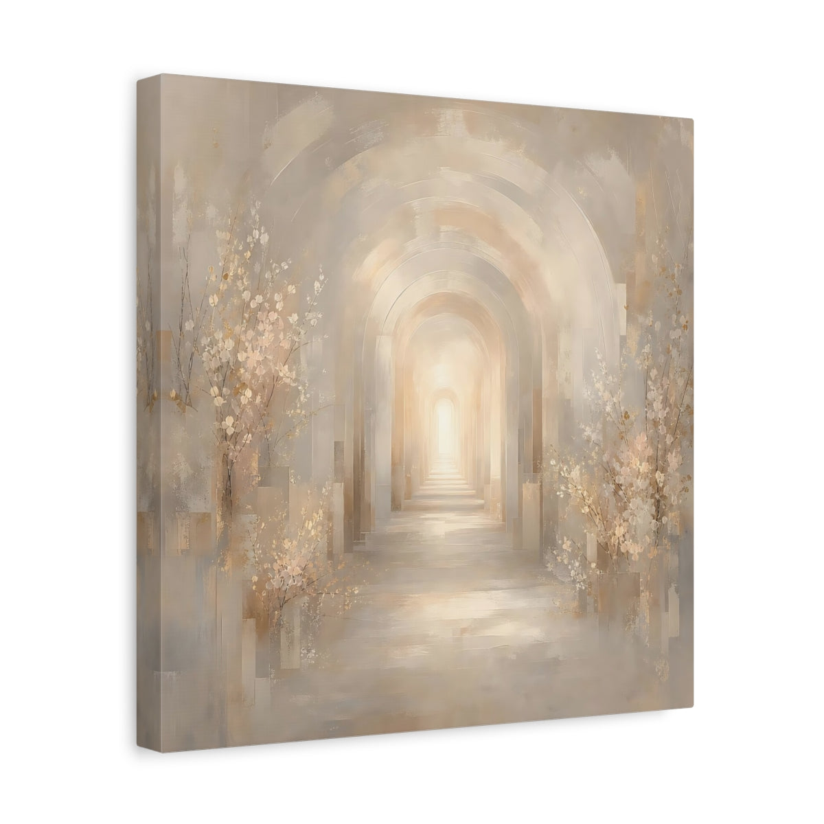 Side Mockup 7. Abstract Archway Beige And Gold shown as stretched canvas wall art