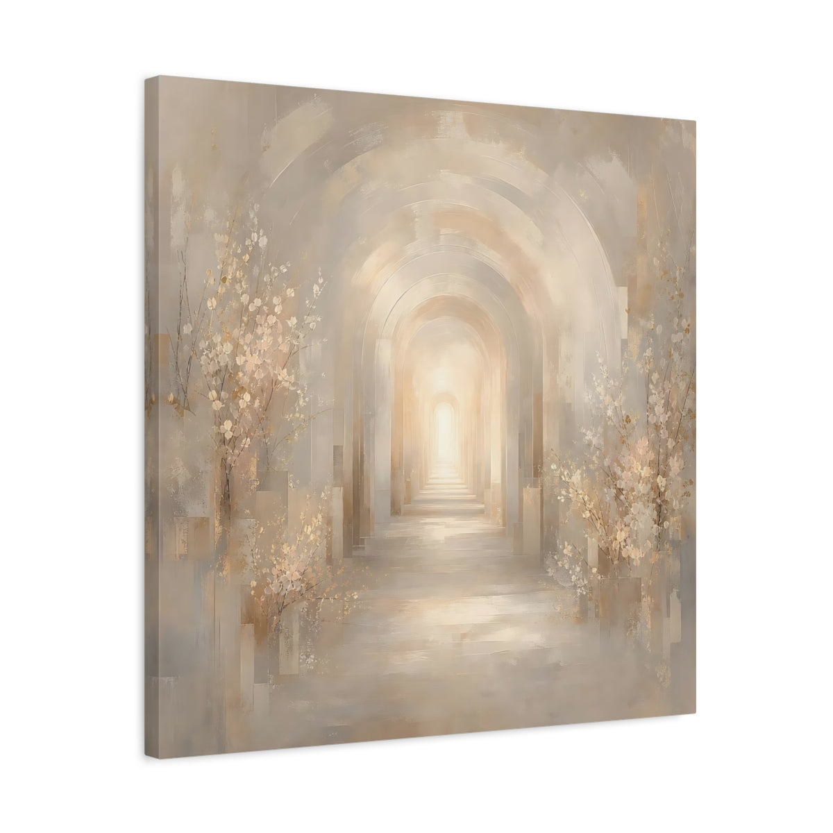 Side Mockup 4. Abstract Archway Beige And Gold shown as stretched canvas wall art