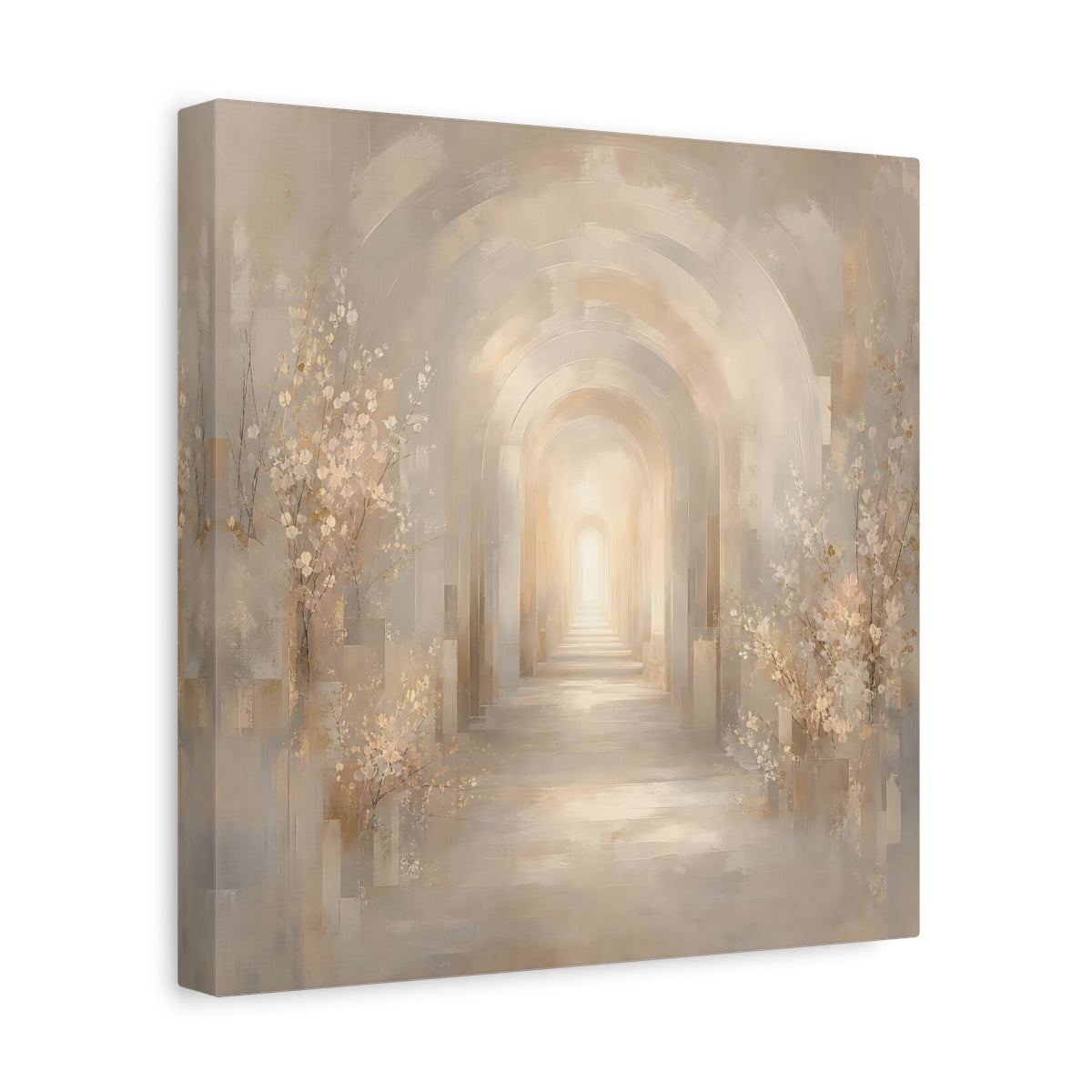 Side Mockup 8. Abstract Archway Beige And Gold shown as stretched canvas wall art