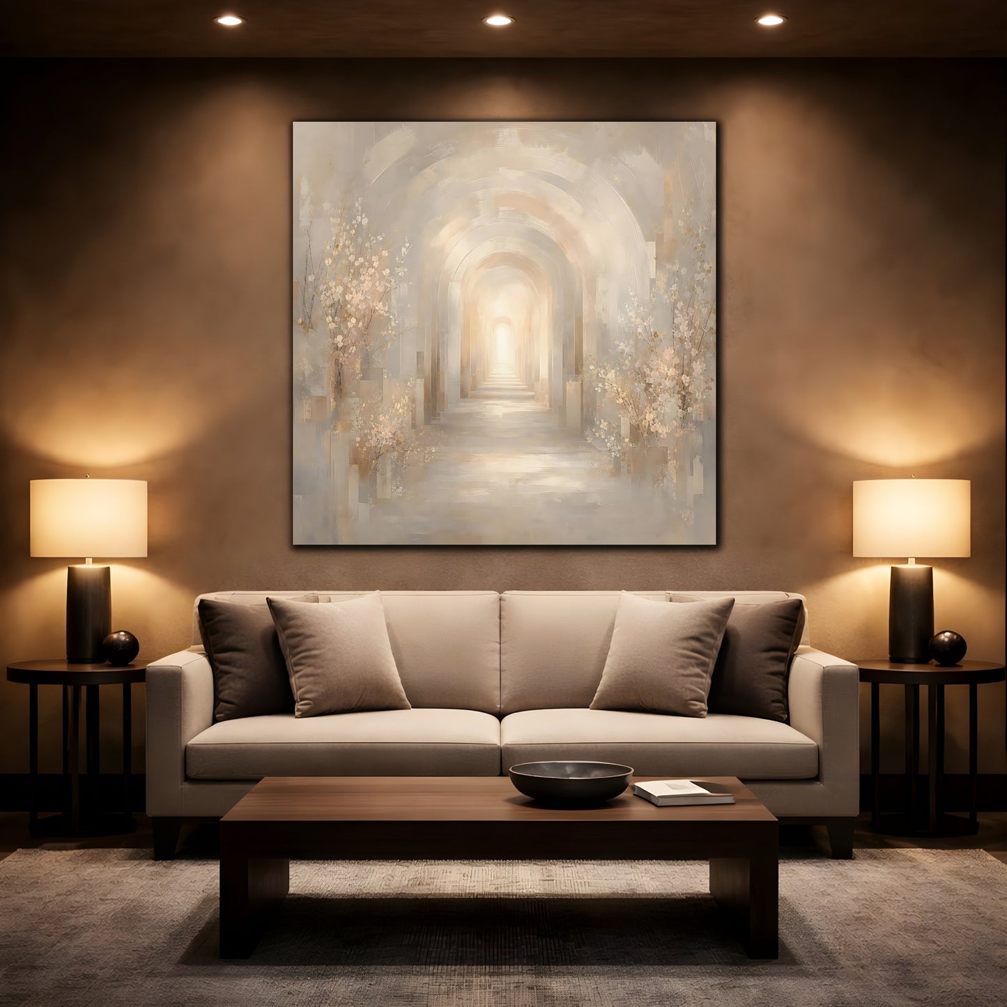 Mockup 2. Abstract Archway Beige And Gold shown as stretched canvas wall art