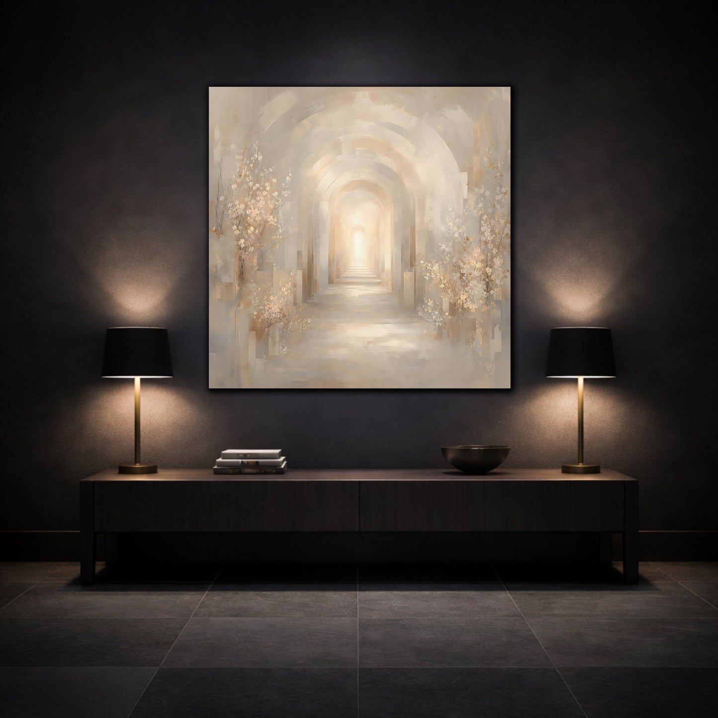 Mockup 3. Abstract Archway Beige And Gold shown as stretched canvas wall art