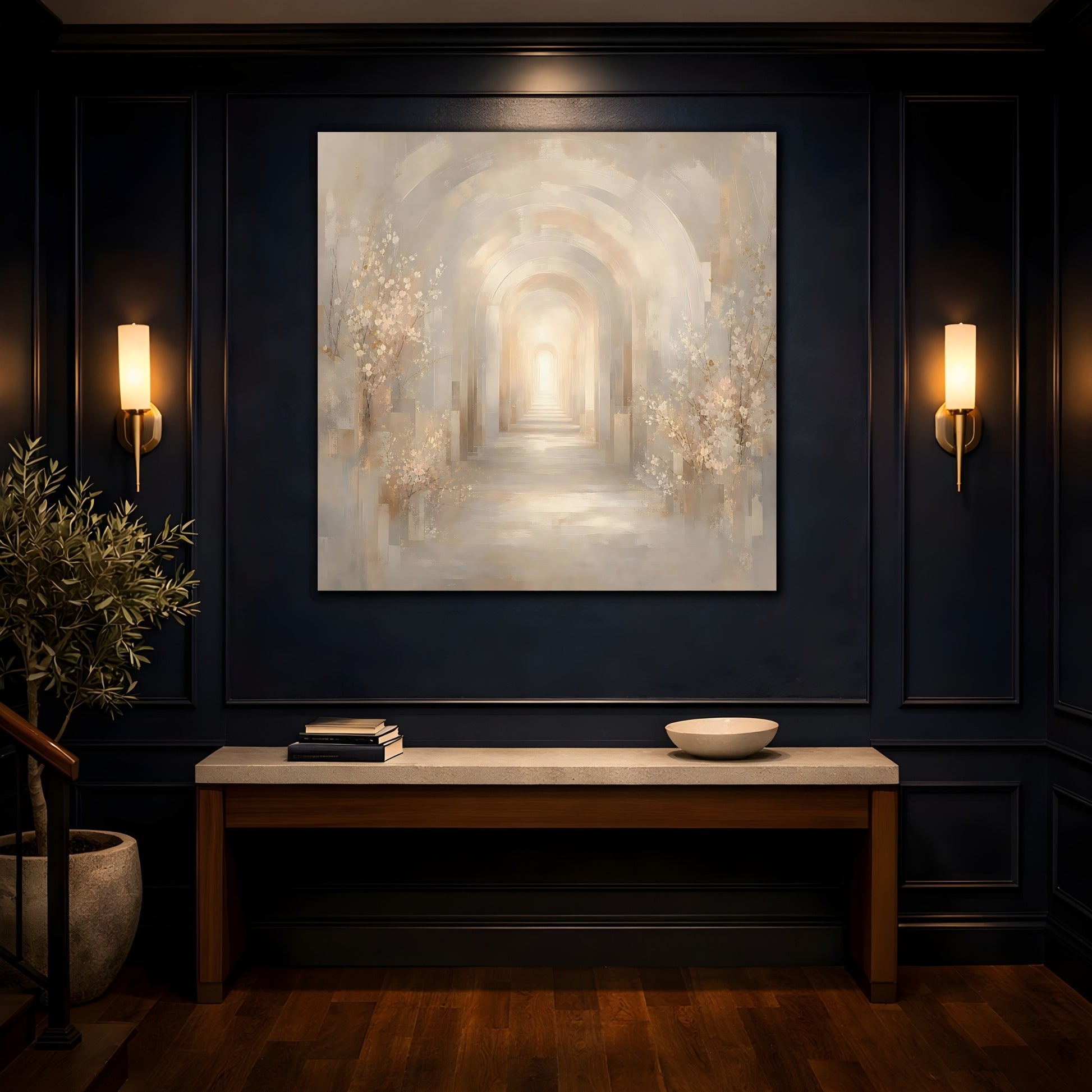 Mockup 4. Abstract Archway Beige And Gold shown as stretched canvas wall art