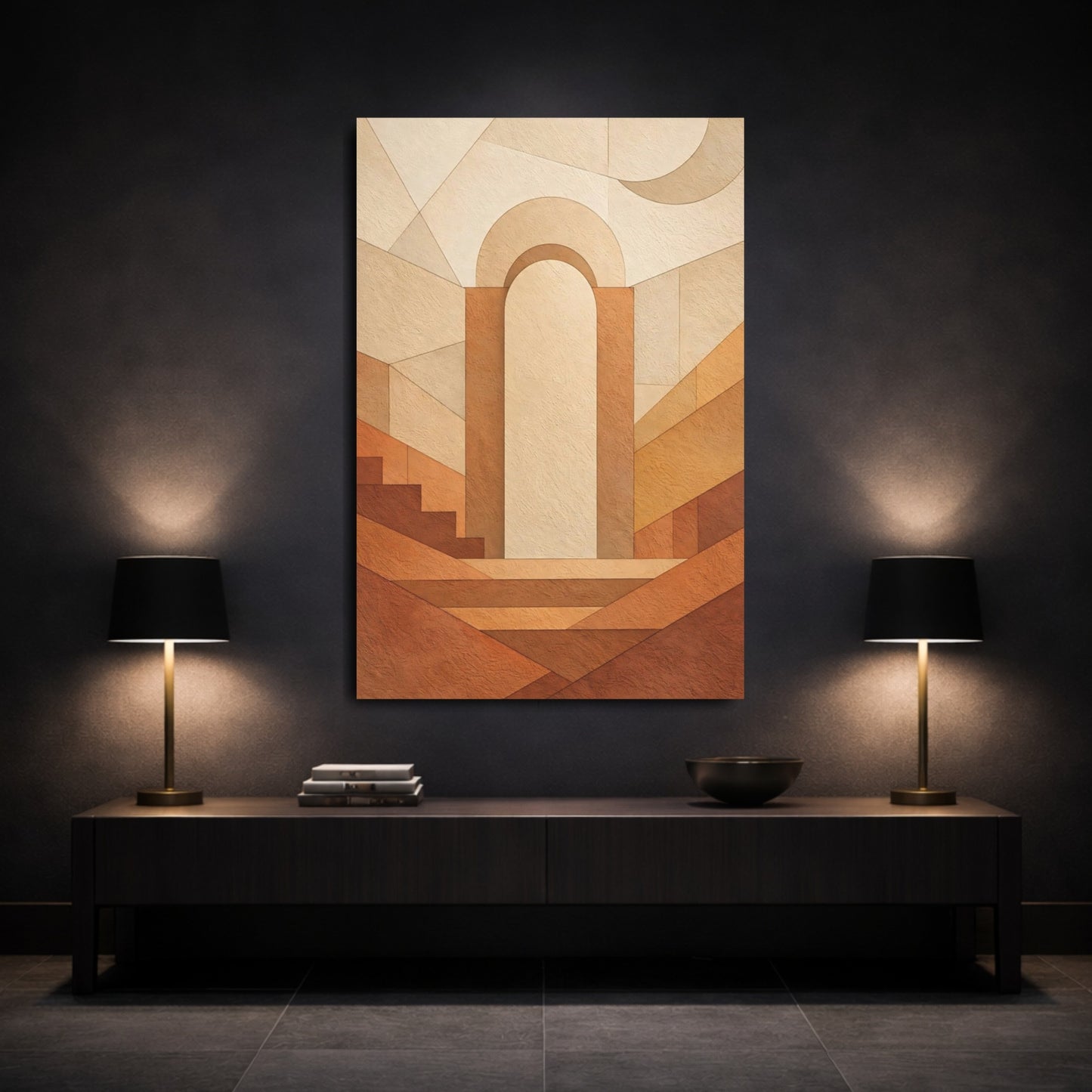 Abstract Archway Brown And Beige Abstract shown as front canvas room wall art