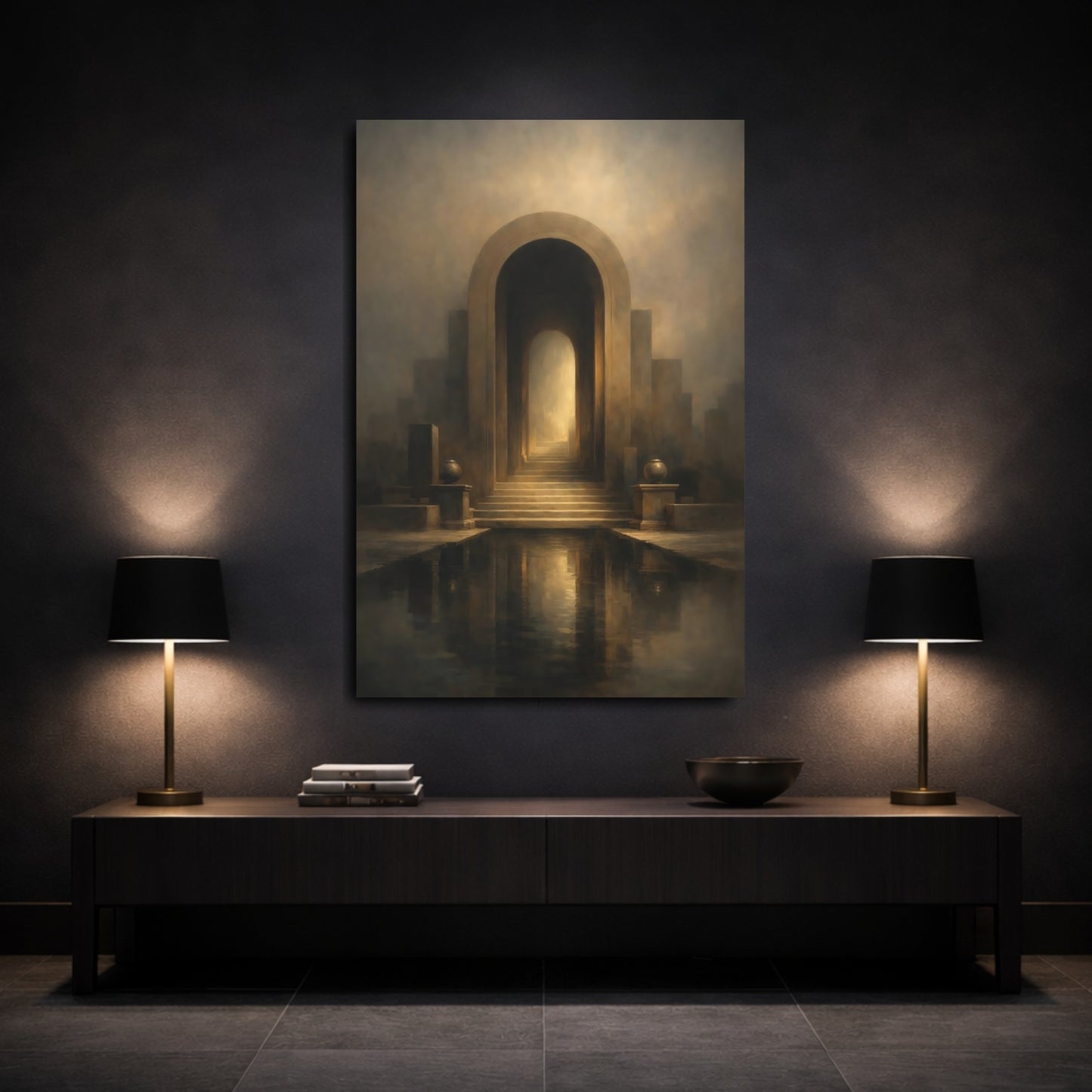 Mockup 2. Abstract Archway Brown Gold Archway shown as stretched canvas wall art