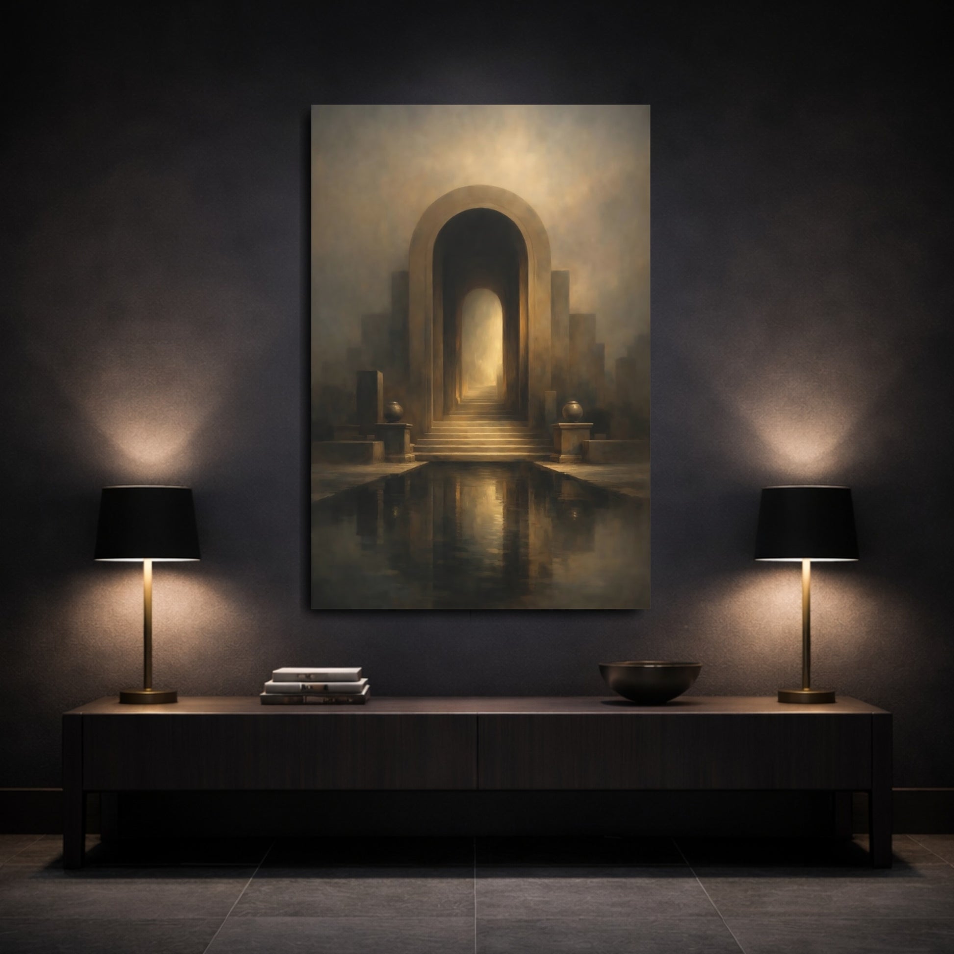 Mockup 2. Abstract Archway Brown Gold Archway shown as stretched canvas wall art