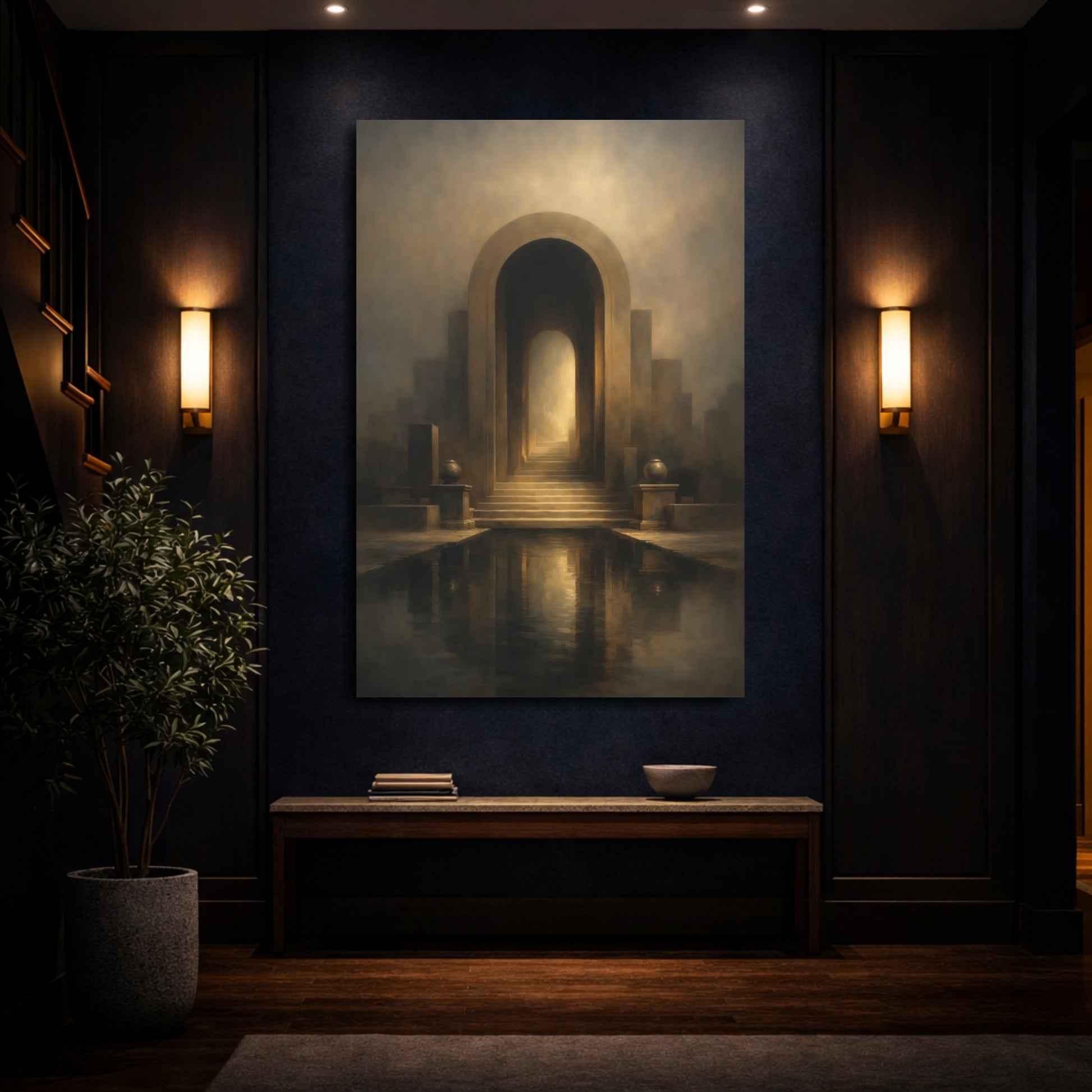 Mockup 3. Abstract Archway Brown Gold Archway shown as stretched canvas wall art