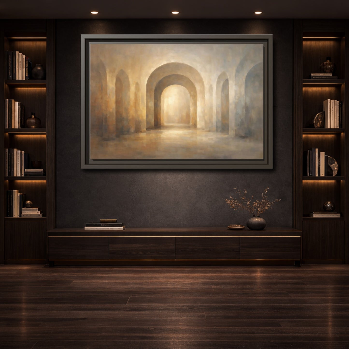 Mockup 3. Abstract Archway Brown Gold Archway shown as stretched canvas wall art