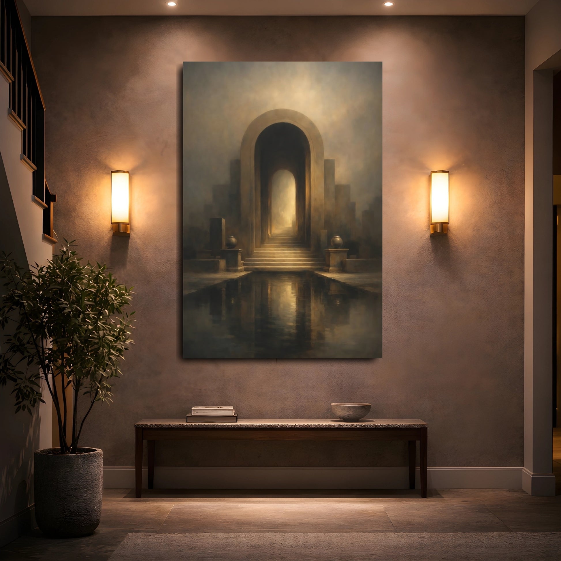 Mockup 4. Abstract Archway Brown Gold Archway shown as stretched canvas wall art