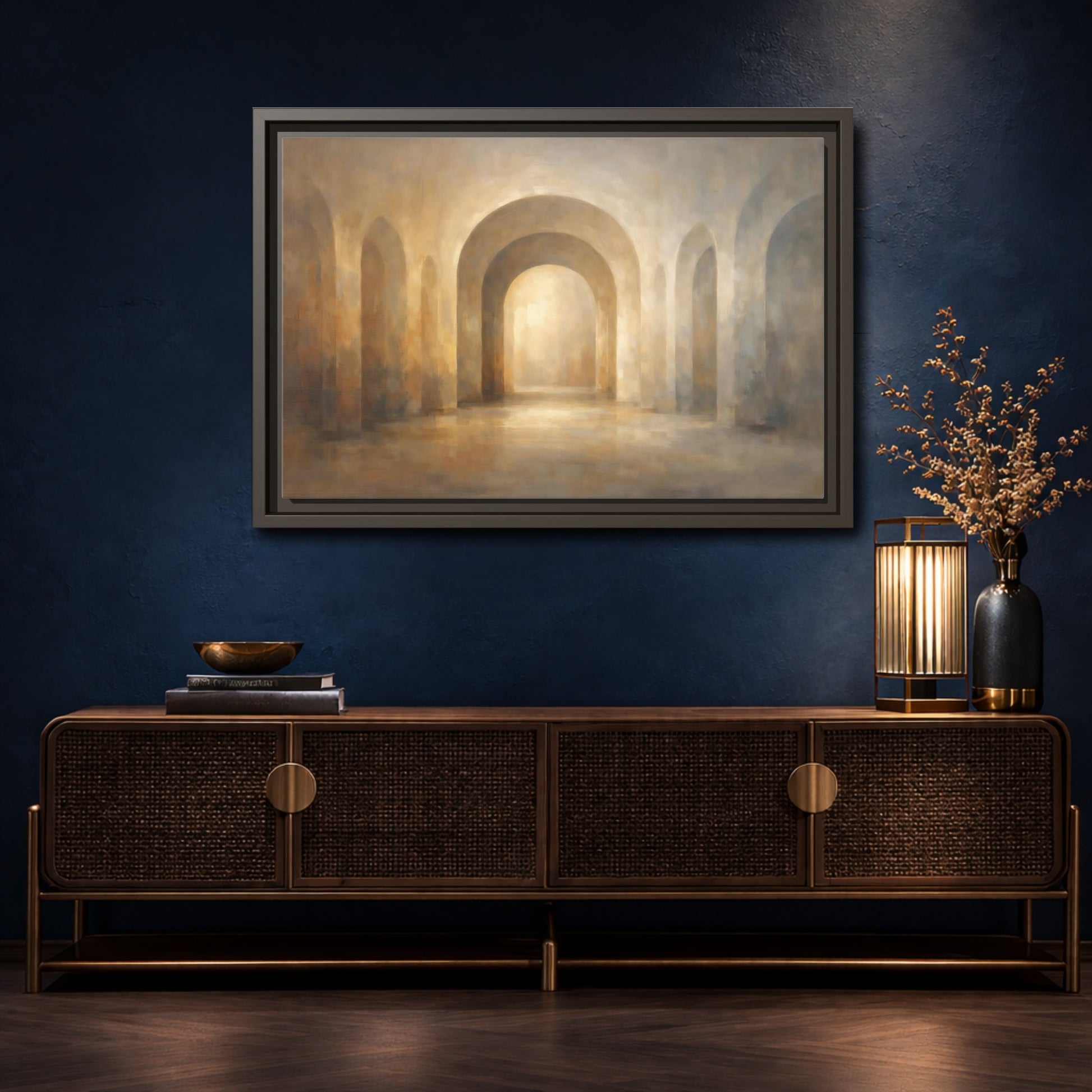 Mockup 4. Abstract Archway Brown Gold Archway shown as stretched canvas wall art