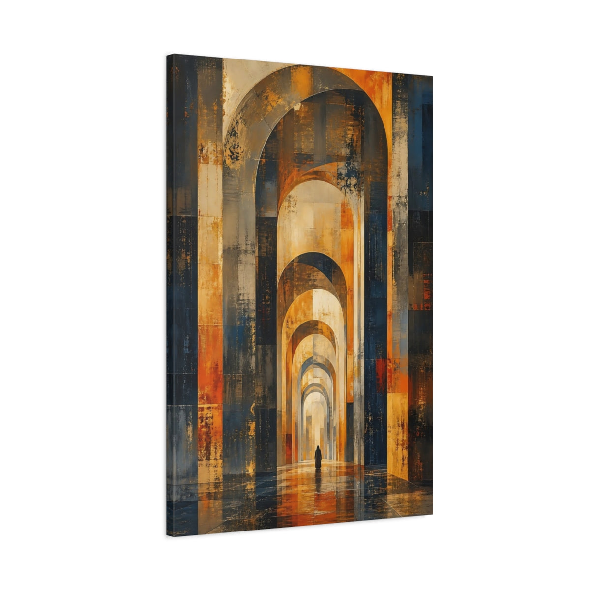 Main Mockup. Abstract Archway Gold And Blue shown as stretched canvas wall art