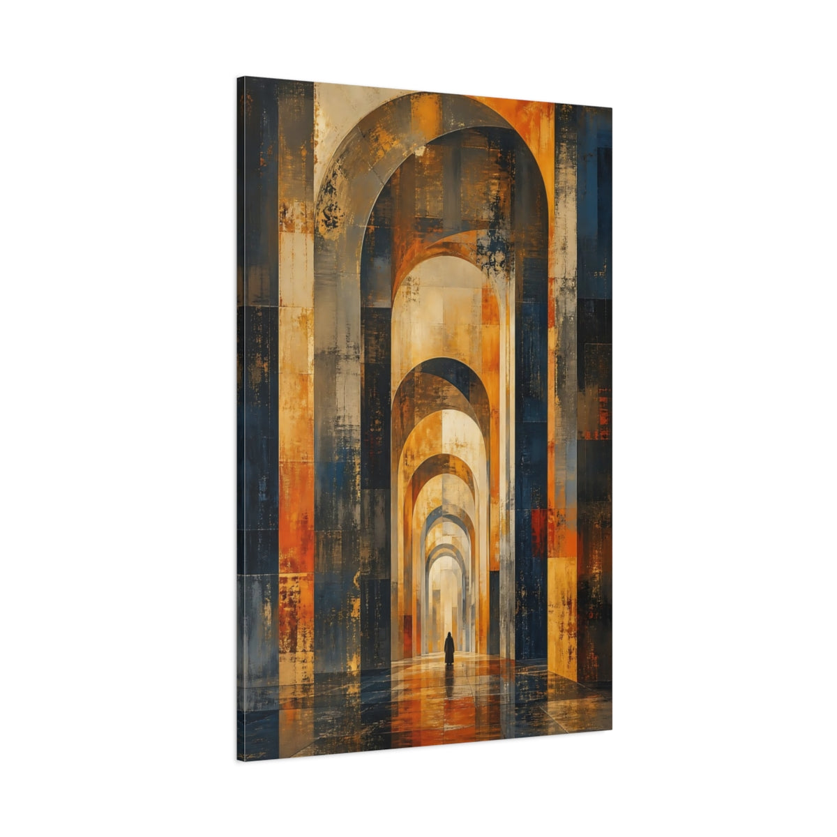 Side Mockup 1. Abstract Archway Gold And Blue shown as stretched canvas wall art