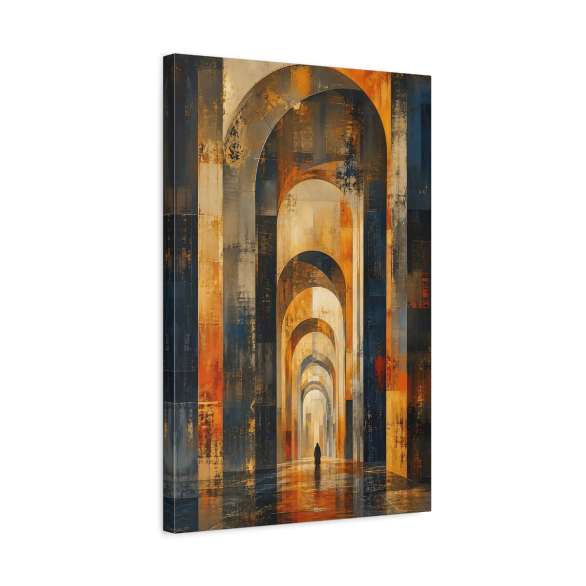 Side Mockup 3. Abstract Archway Gold And Blue shown as stretched canvas wall art