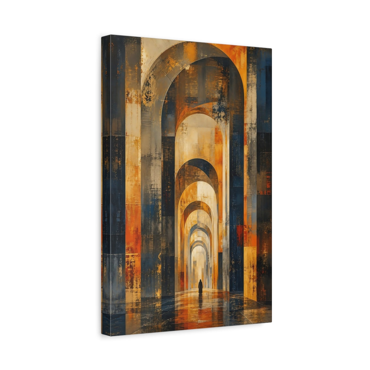 Side Mockup 4. Abstract Archway Gold And Blue shown as stretched canvas wall art