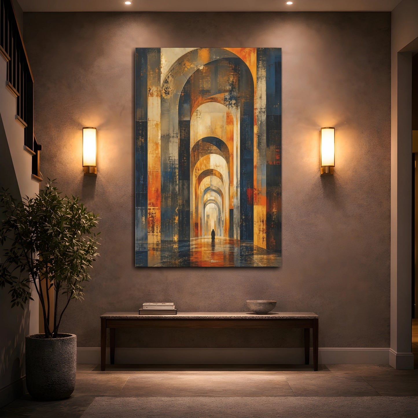 Mockup 2. Abstract Archway Gold And Blue shown as stretched canvas wall art