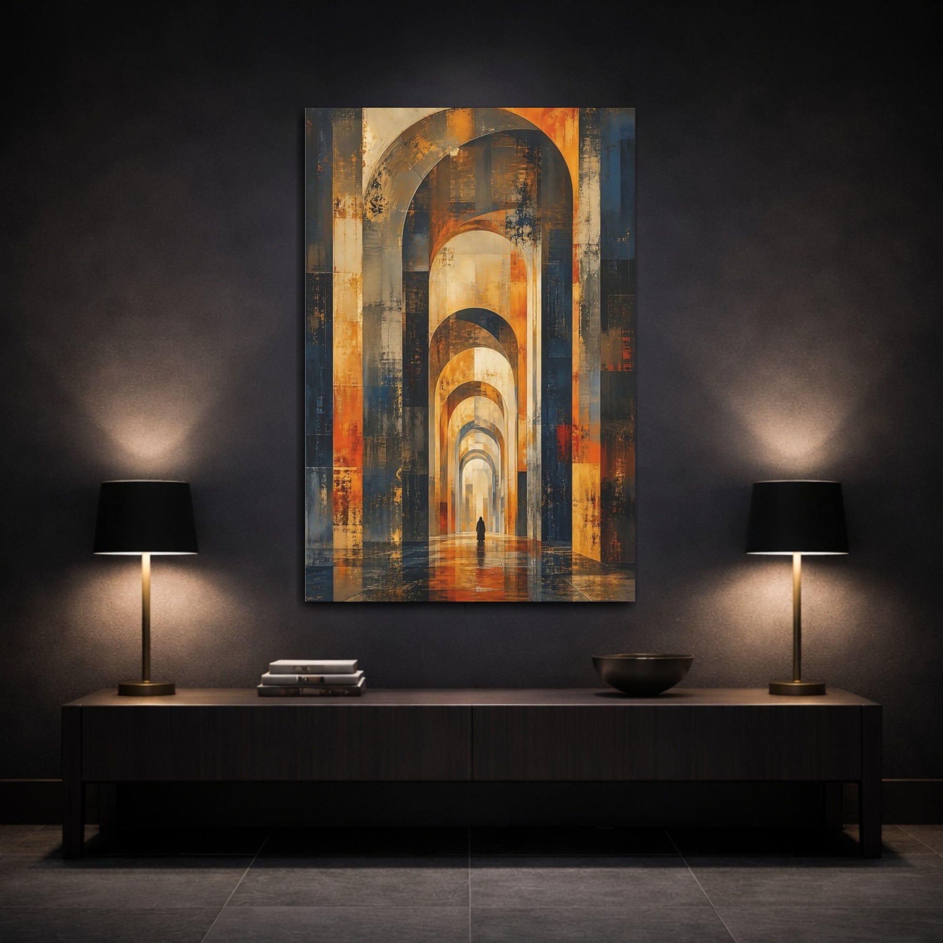 Mockup 3. Abstract Archway Gold And Blue shown as stretched canvas wall art