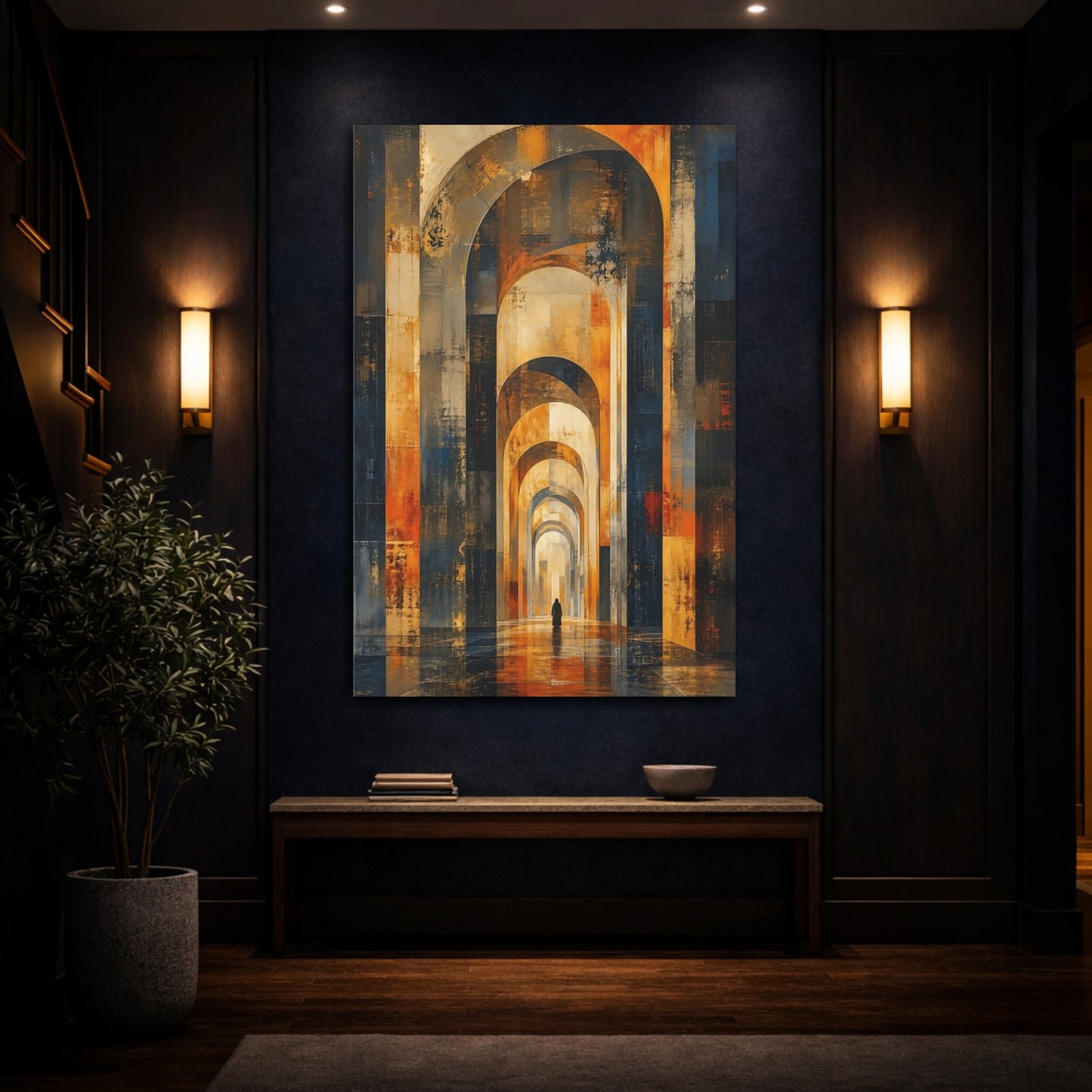 Mockup 4. Abstract Archway Gold And Blue shown as stretched canvas wall art