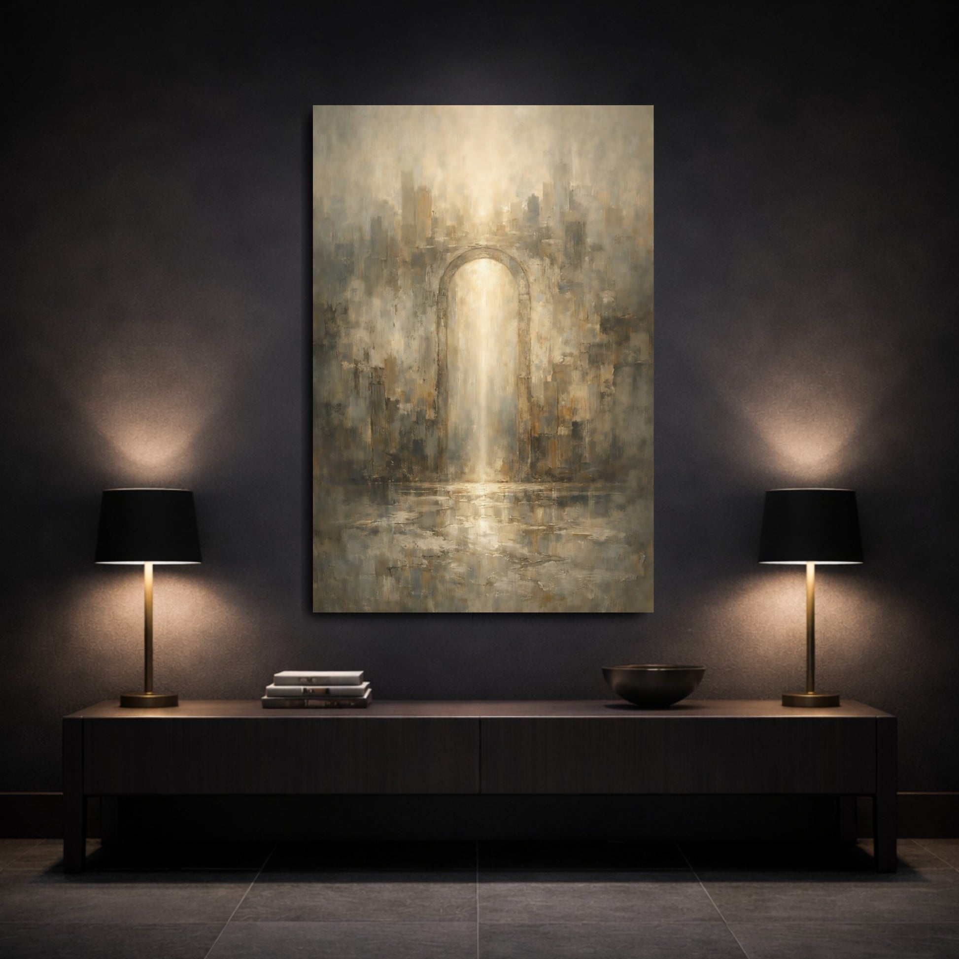 Mockup 2. Abstract Archway Golden Archway Abstract shown as stretched canvas wall art