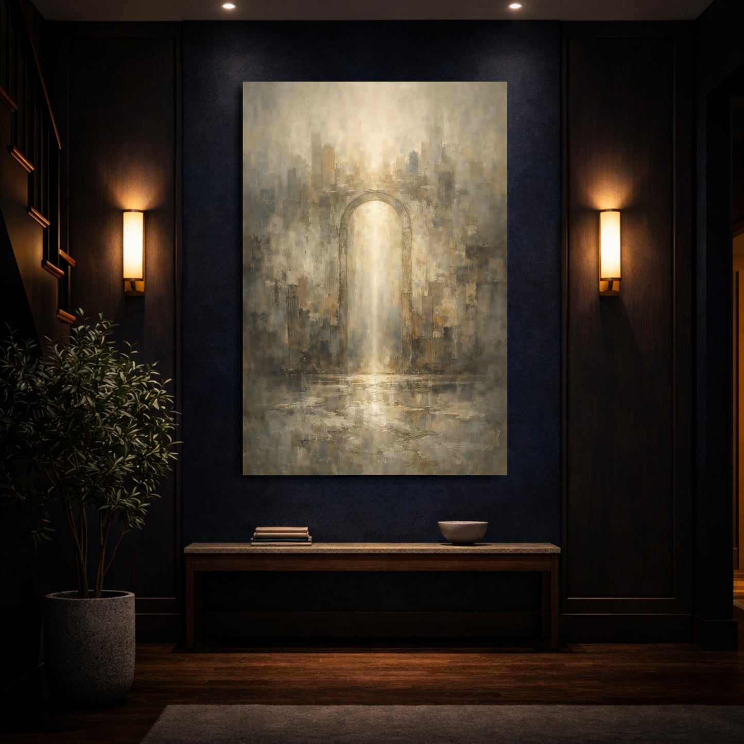 Mockup 3. Abstract Archway Golden Archway Abstract shown as stretched canvas wall art