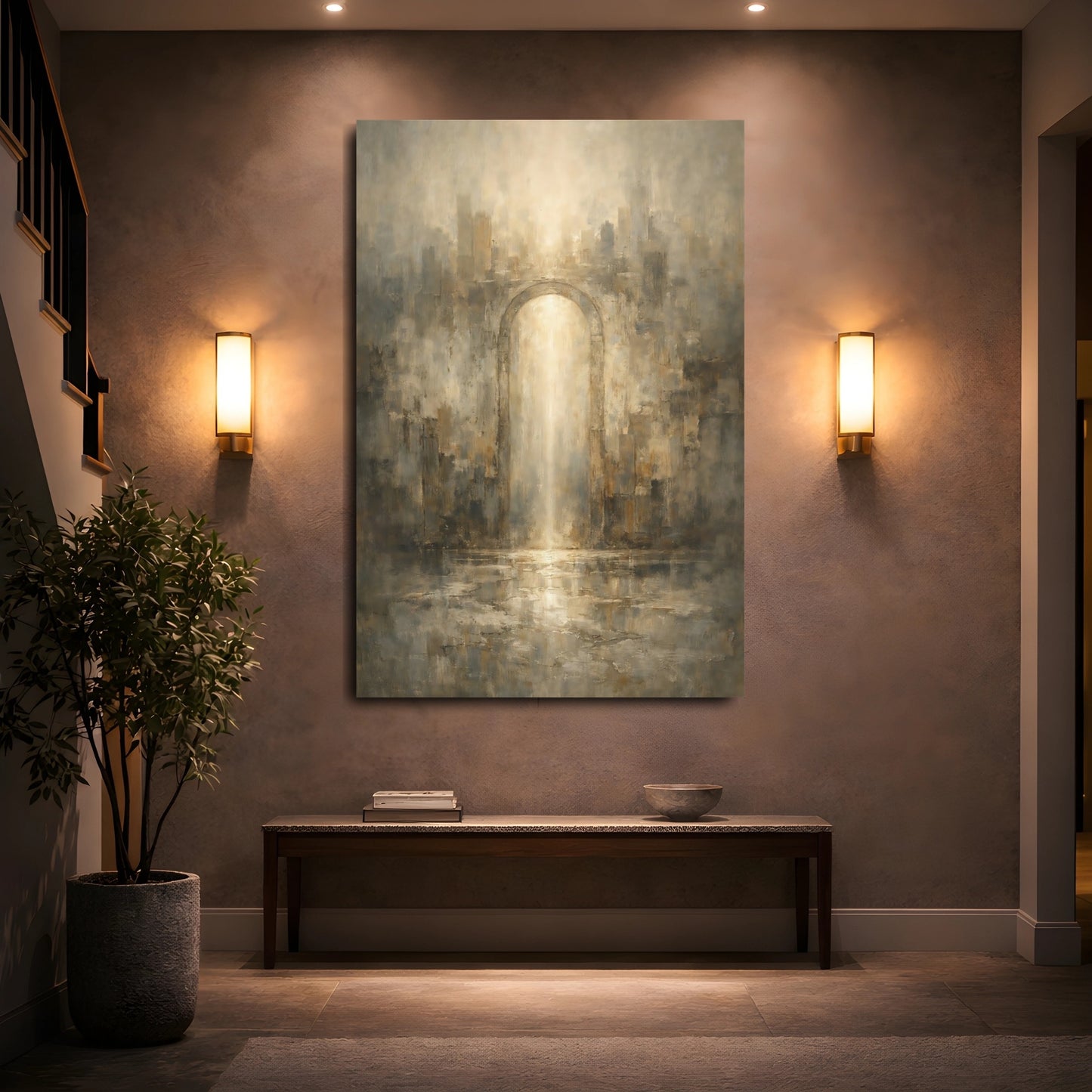 Mockup 4. Abstract Archway Golden Archway Abstract shown as stretched canvas wall art