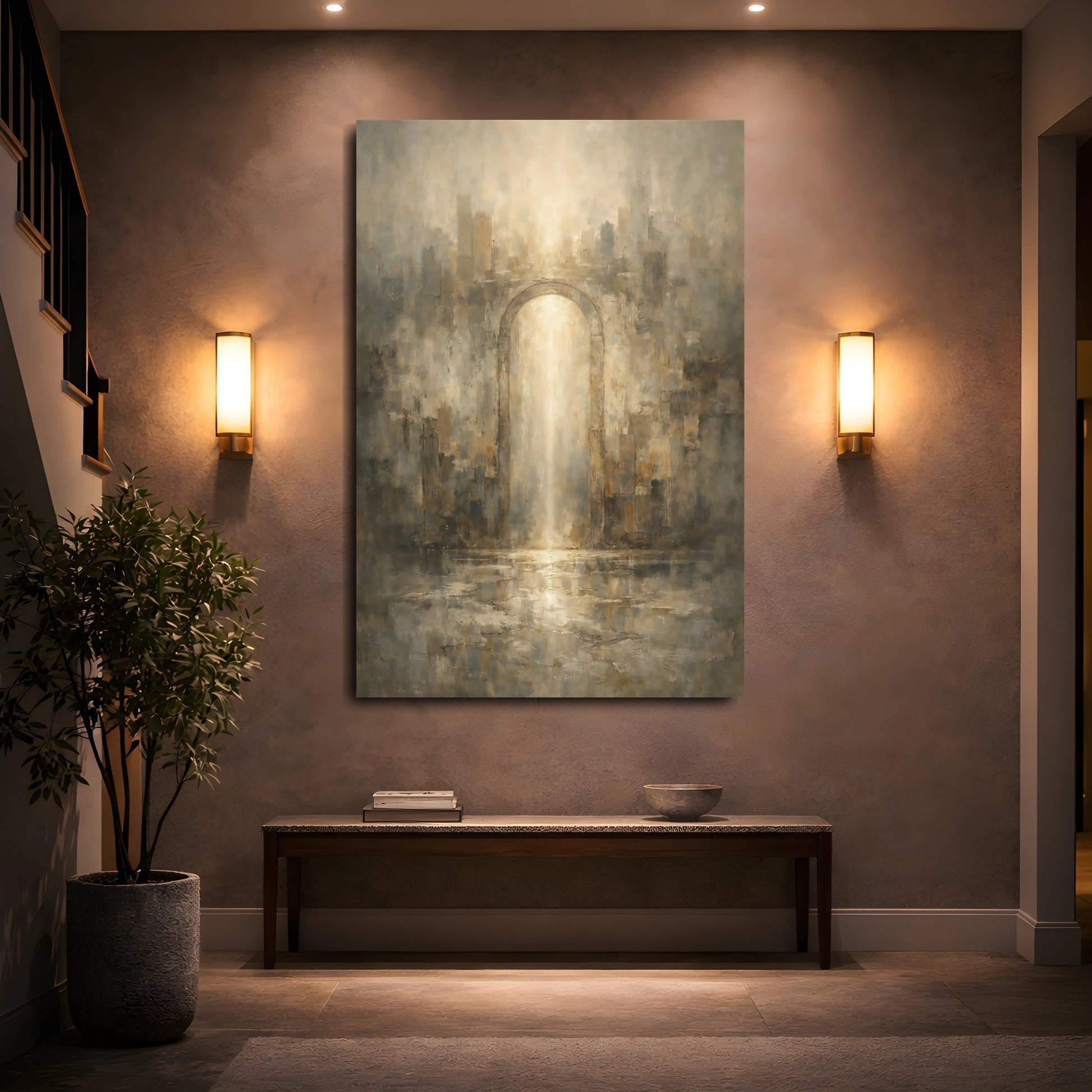 Mockup 4. Abstract Archway Golden Archway Abstract shown as stretched canvas wall art