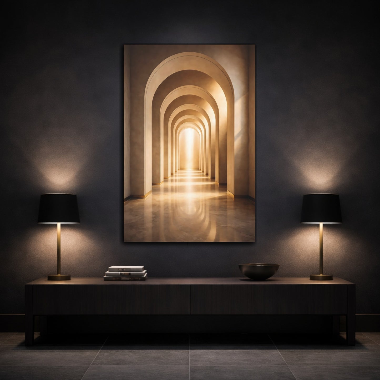 Mockup 2. Abstract Archway Golden Archway shown as stretched canvas wall art