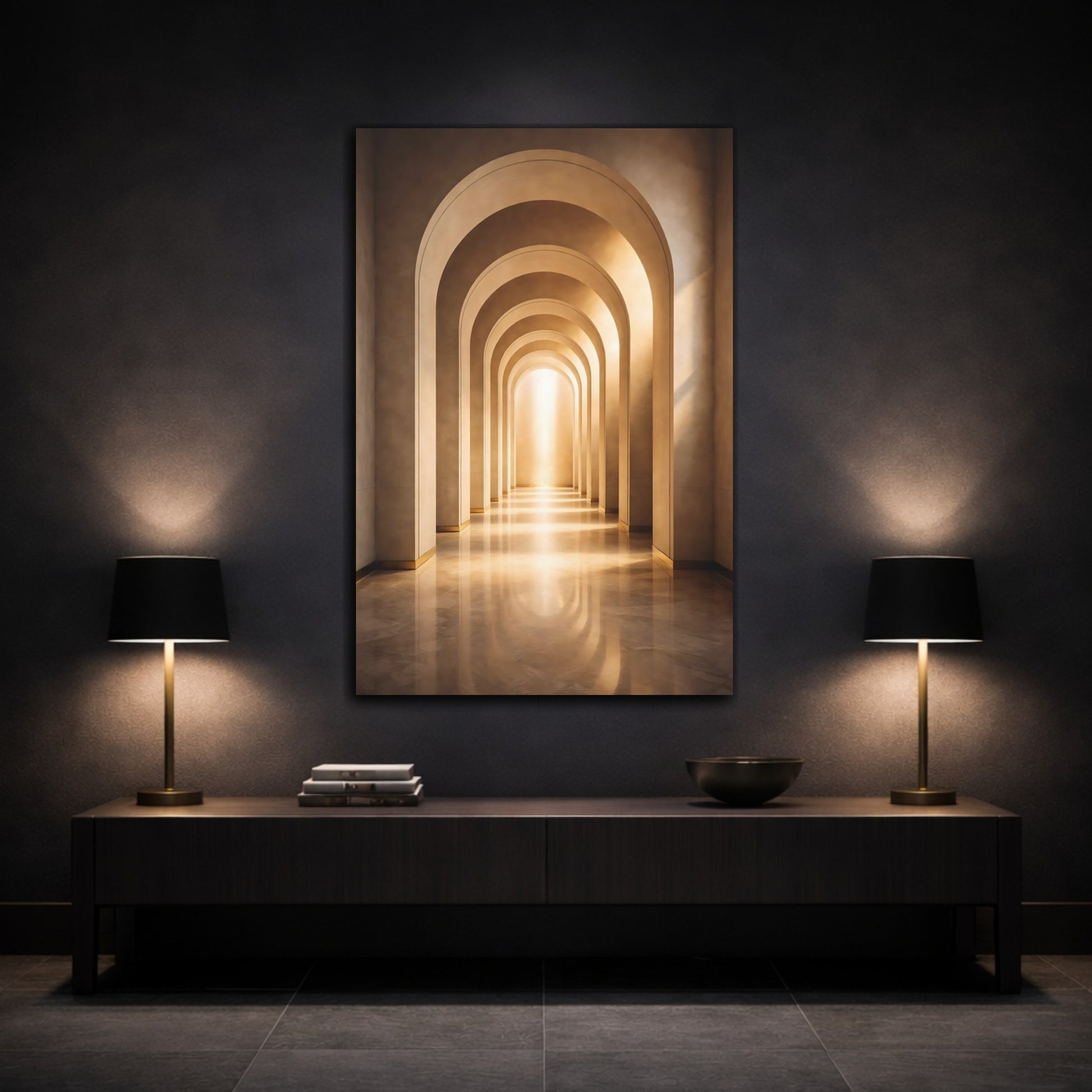 Mockup 2. Abstract Archway Golden Archway shown as stretched canvas wall art