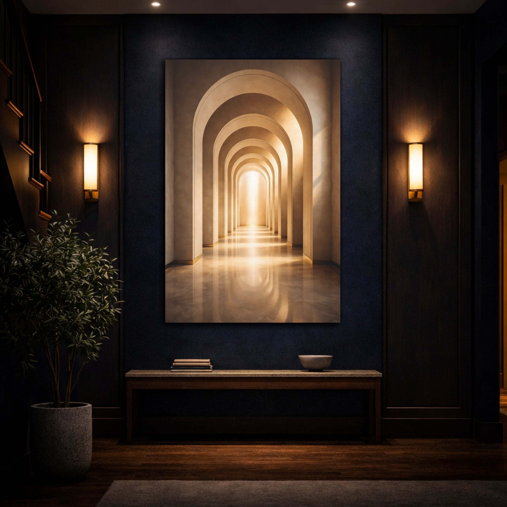 Mockup 4. Abstract Archway Golden Archway shown as stretched canvas wall art