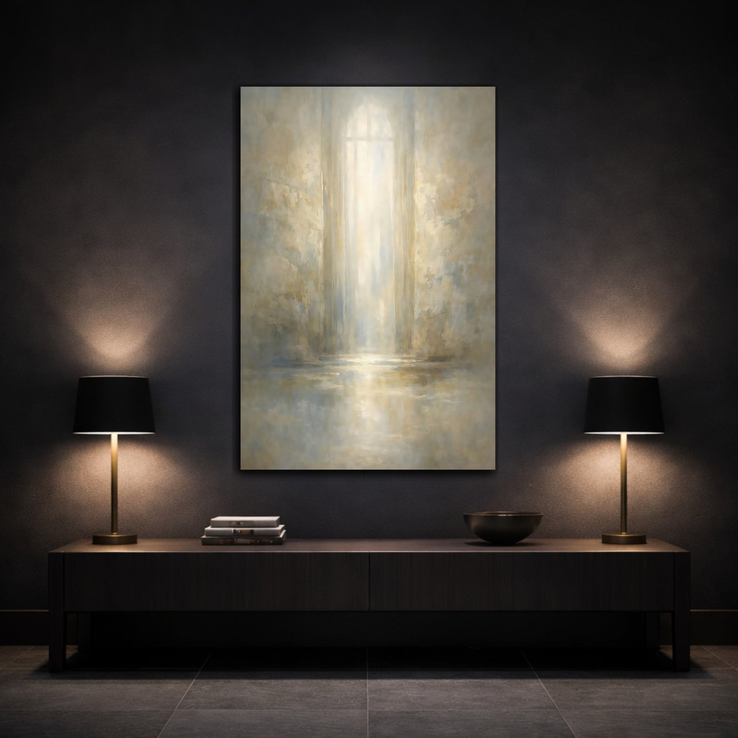 Mockup 2. Abstract Archway Light Warm Abstract Light shown as stretched canvas wall art