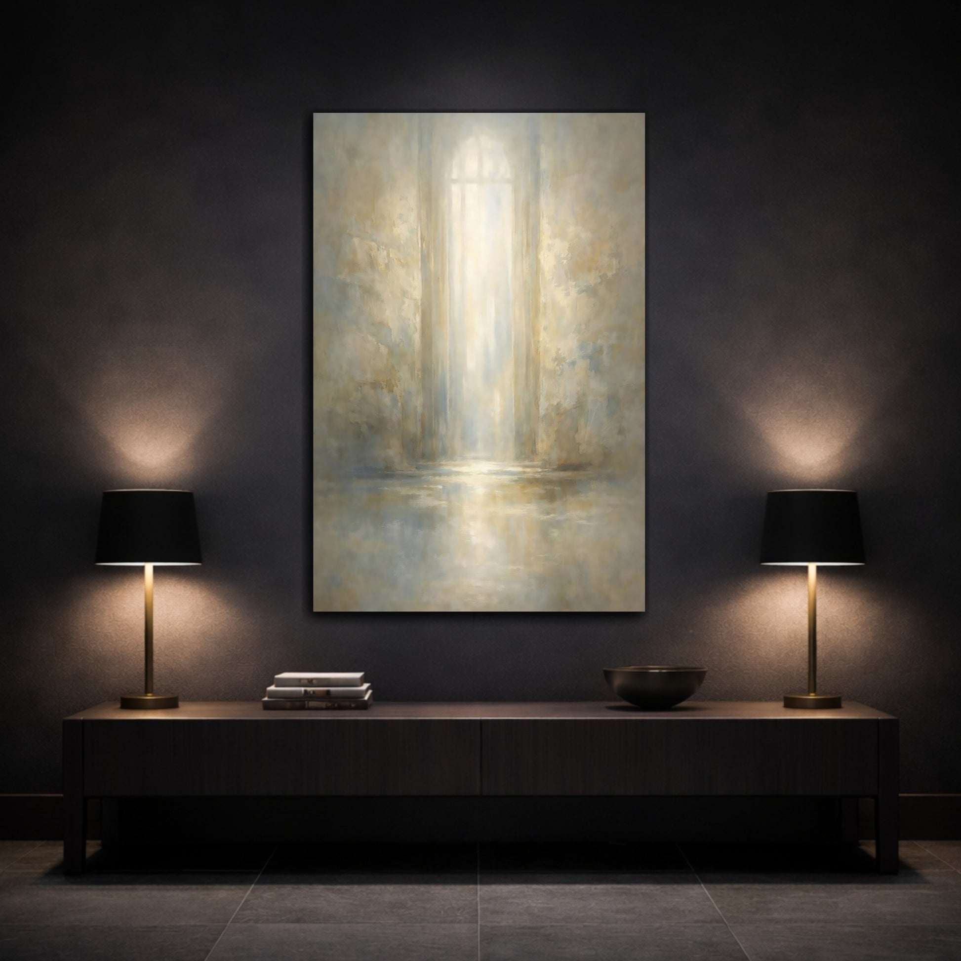 Mockup 2. Abstract Archway Light Warm Abstract Light shown as stretched canvas wall art