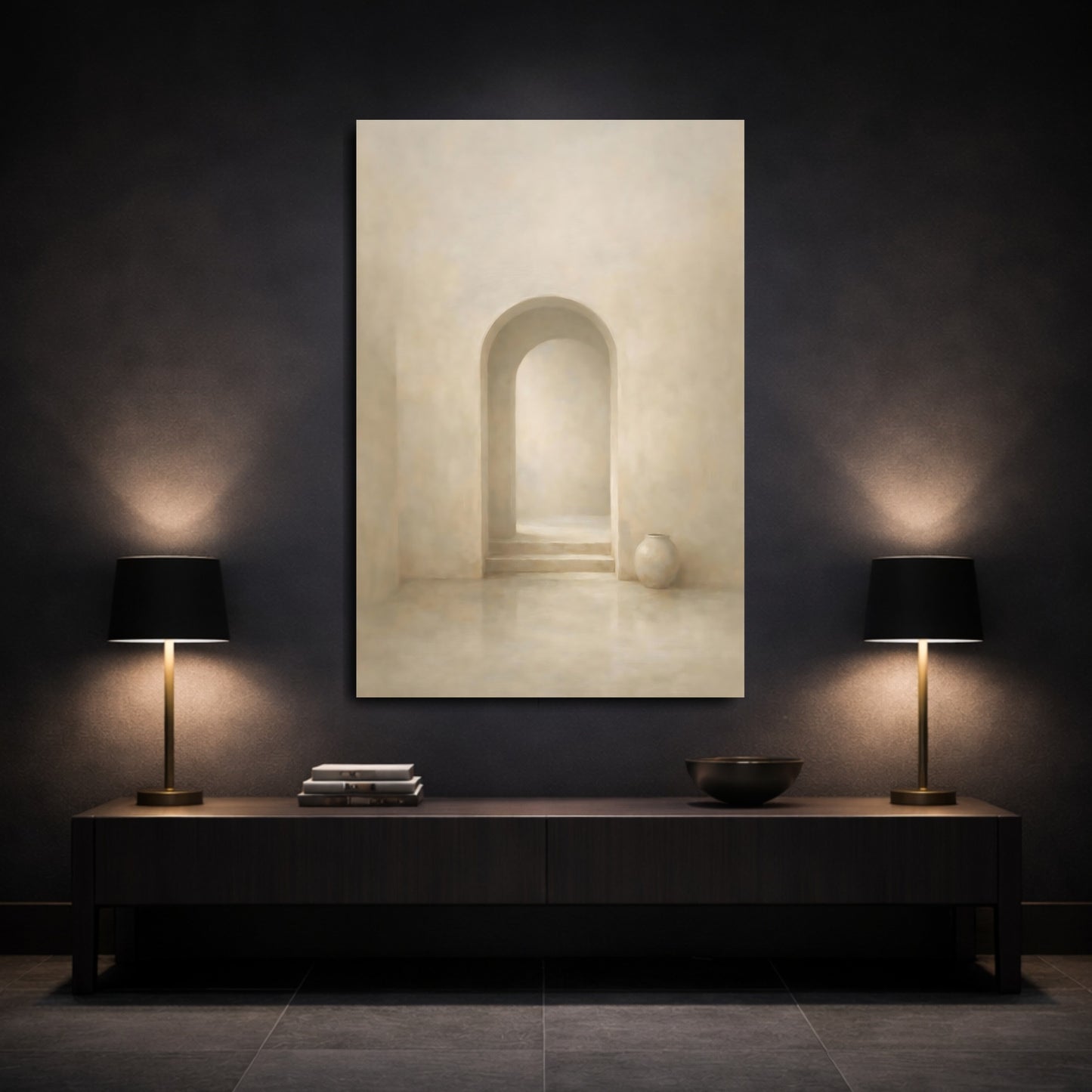 Mockup 2. Abstract Archway Neutral Archway shown as stretched canvas wall art