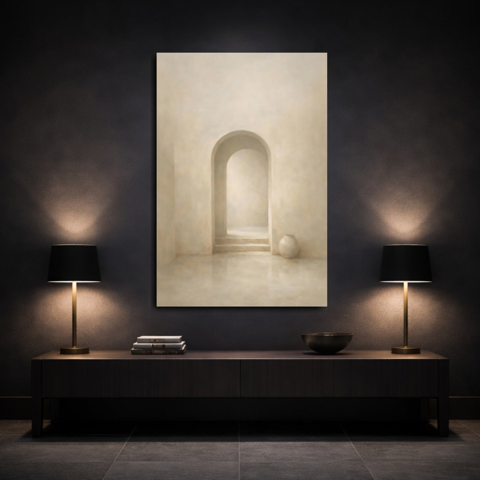 Mockup 2. Abstract Archway Neutral Archway shown as stretched canvas wall art