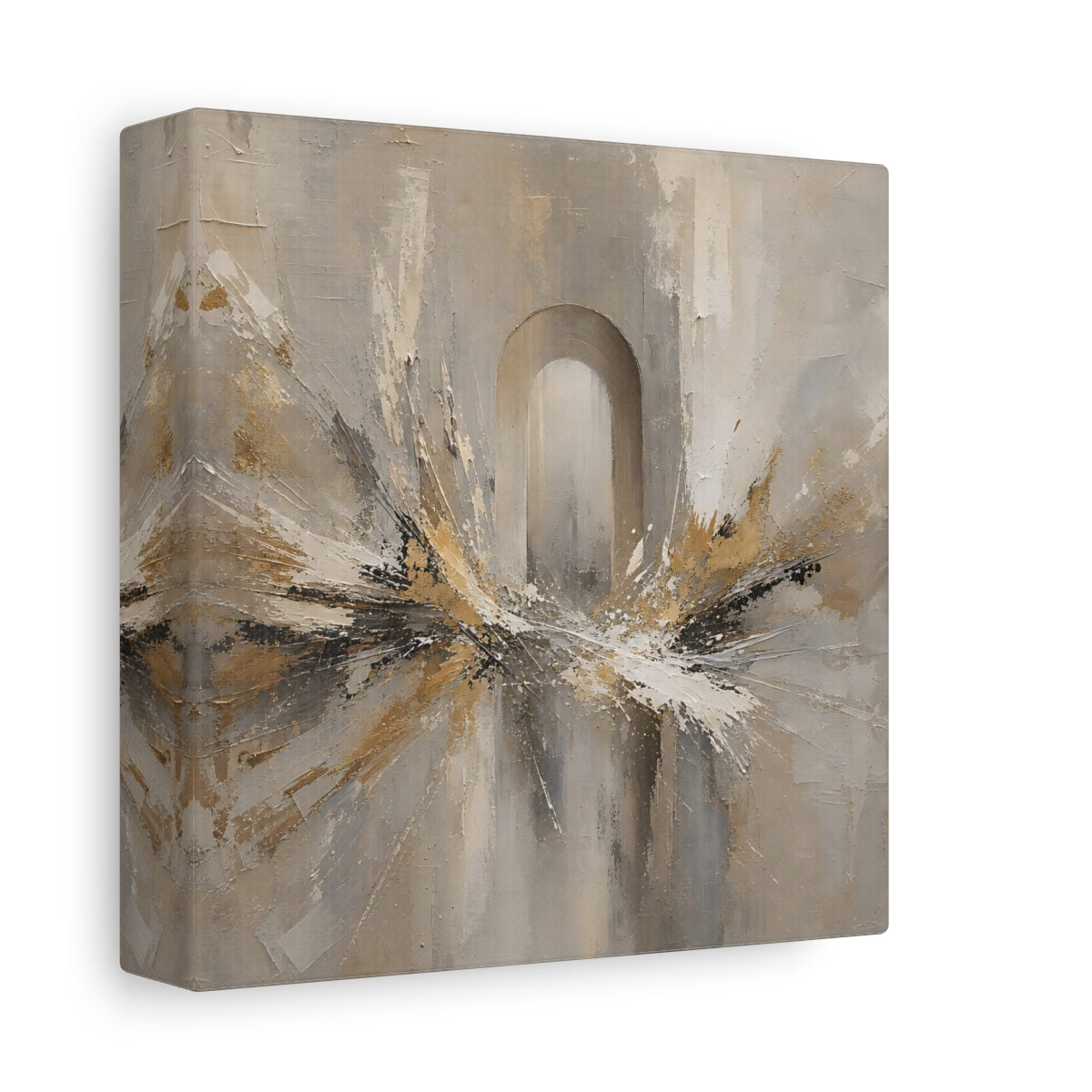 Side Mockup 2. Abstract Archway Neutral Gold shown as stretched canvas wall art