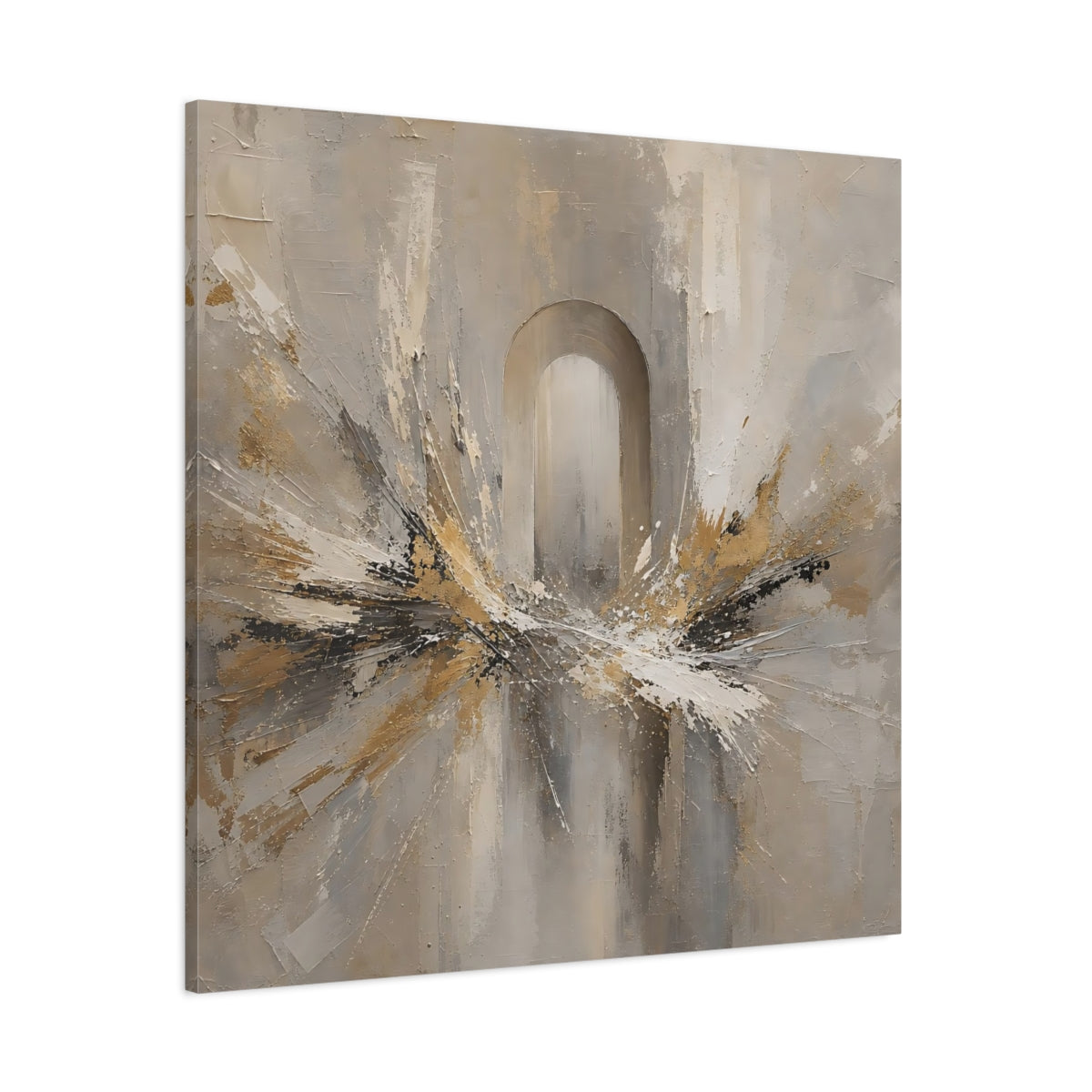 Side Mockup 1. Abstract Archway Neutral Gold shown as stretched canvas wall art