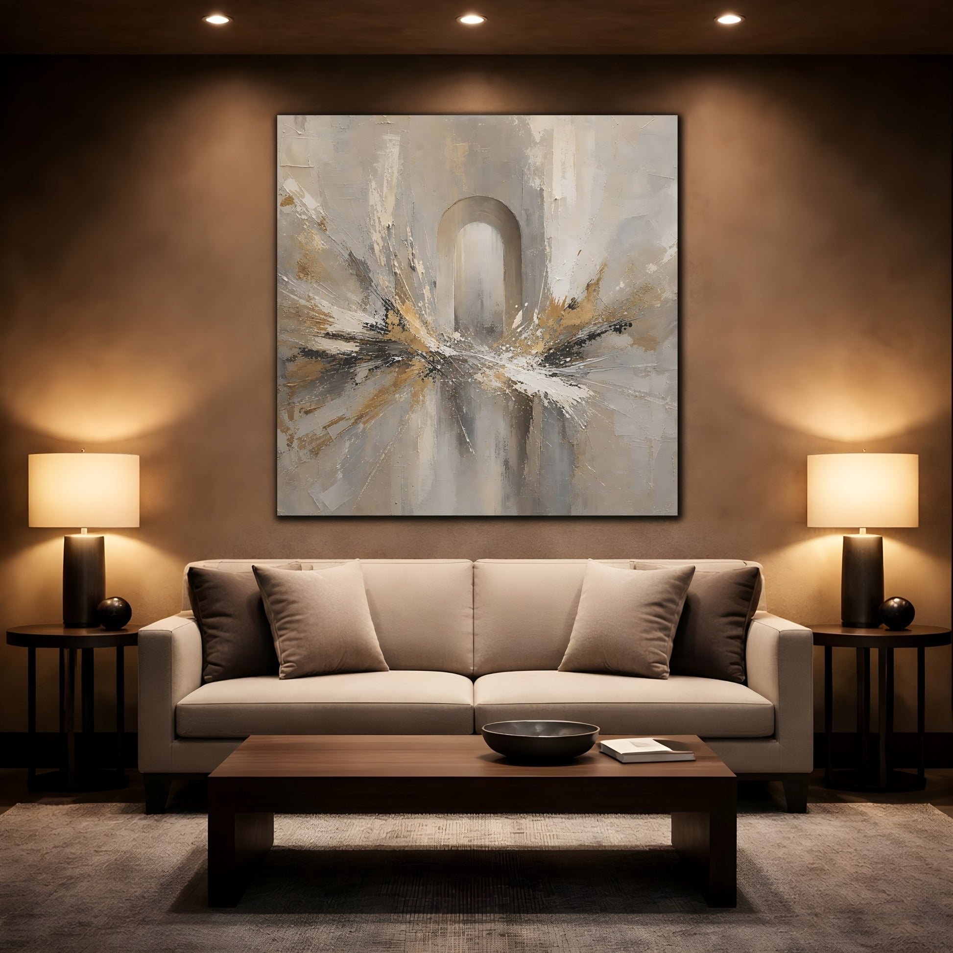 Mockup 2. Abstract Archway Neutral Gold shown as stretched canvas wall art