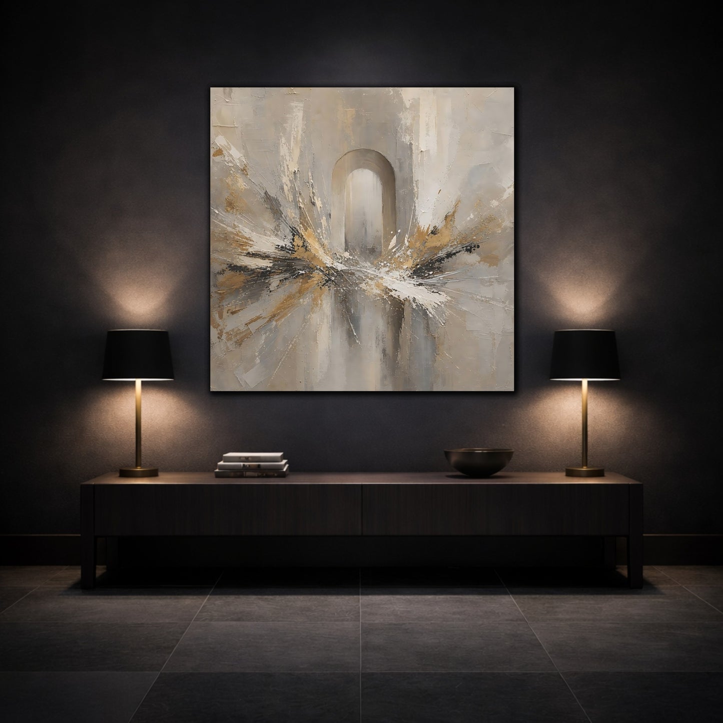 Mockup 3. Abstract Archway Neutral Gold shown as stretched canvas wall art