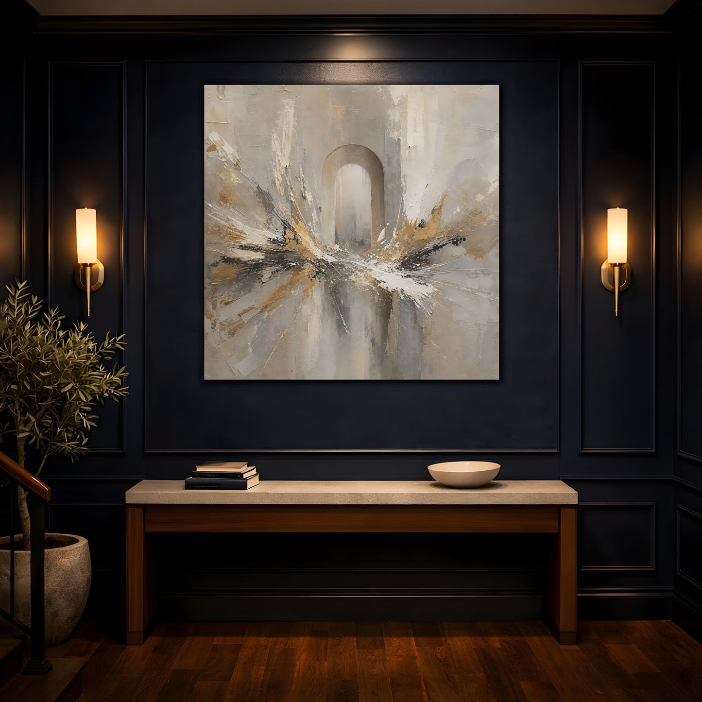 Mockup 4. Abstract Archway Neutral Gold shown as stretched canvas wall art