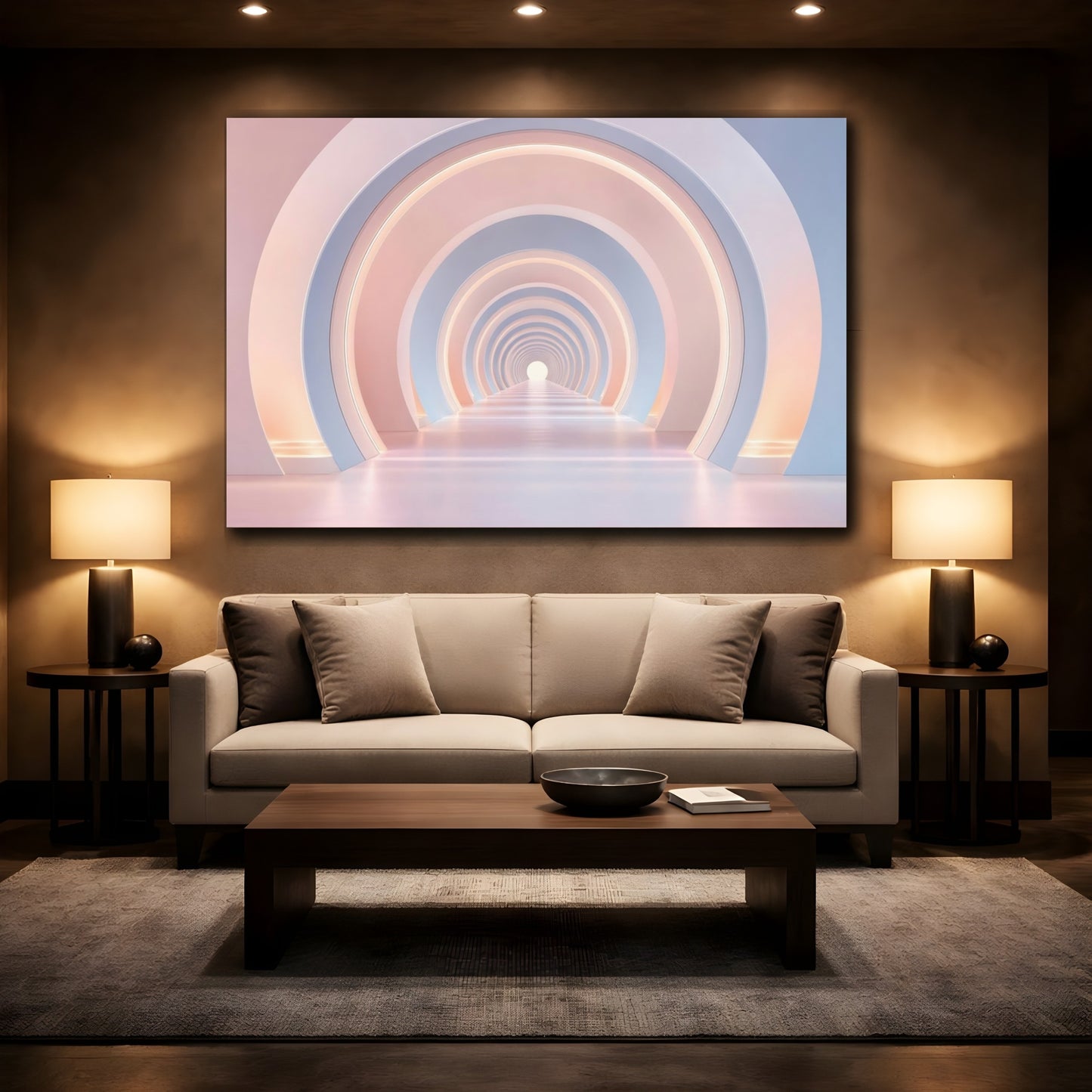 Mockup 2. Abstract Archway Tunnel Pink And Blue shown as stretched canvas wall art