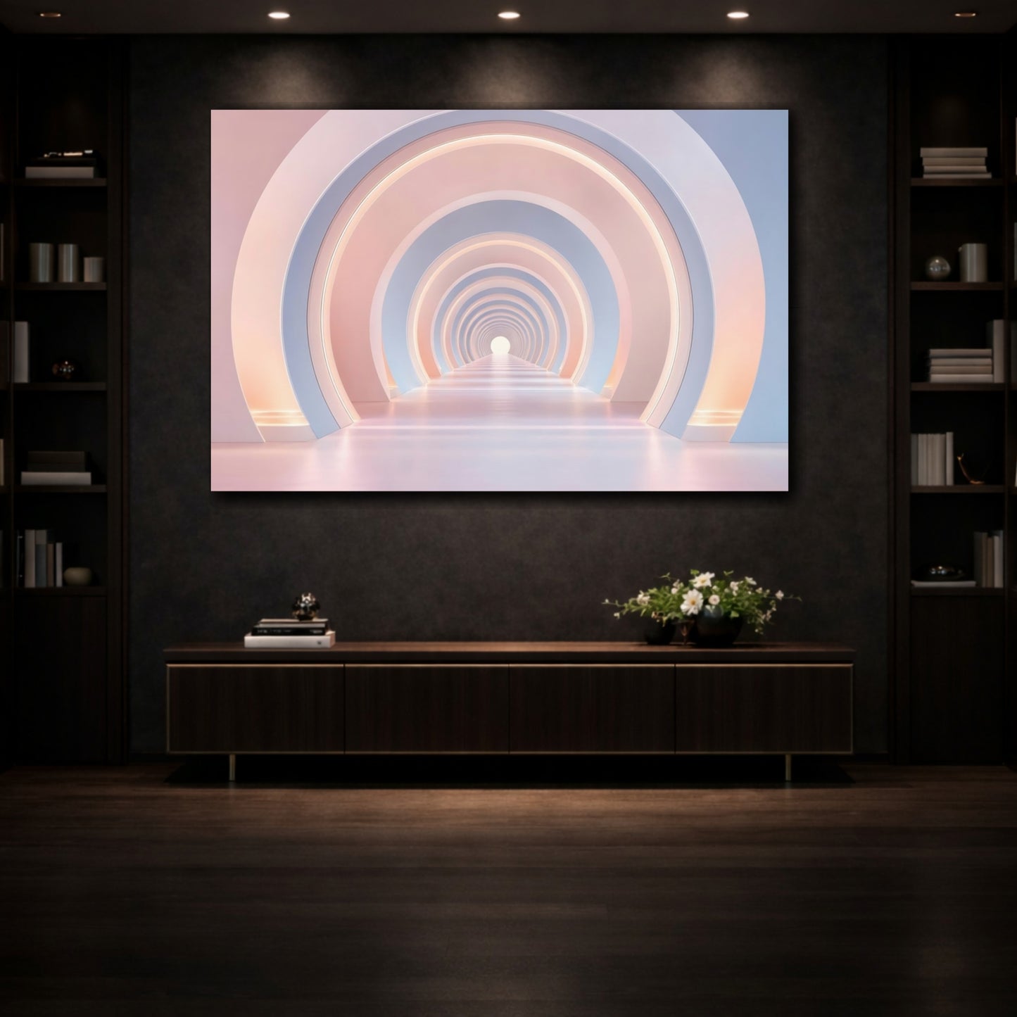 Mockup 3. Abstract Archway Tunnel Pink And Blue shown as stretched canvas wall art