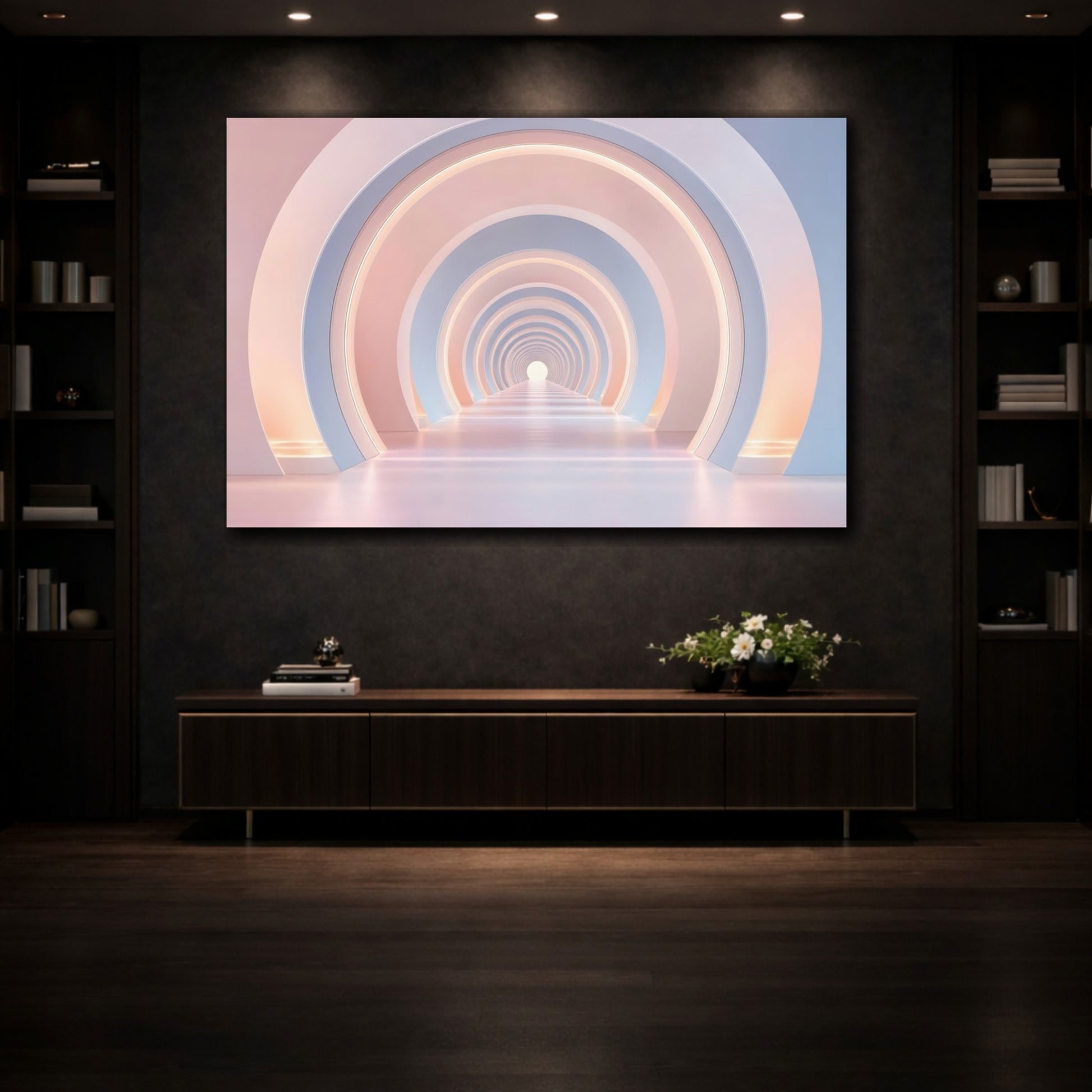 Mockup 3. Abstract Archway Tunnel Pink And Blue shown as stretched canvas wall art