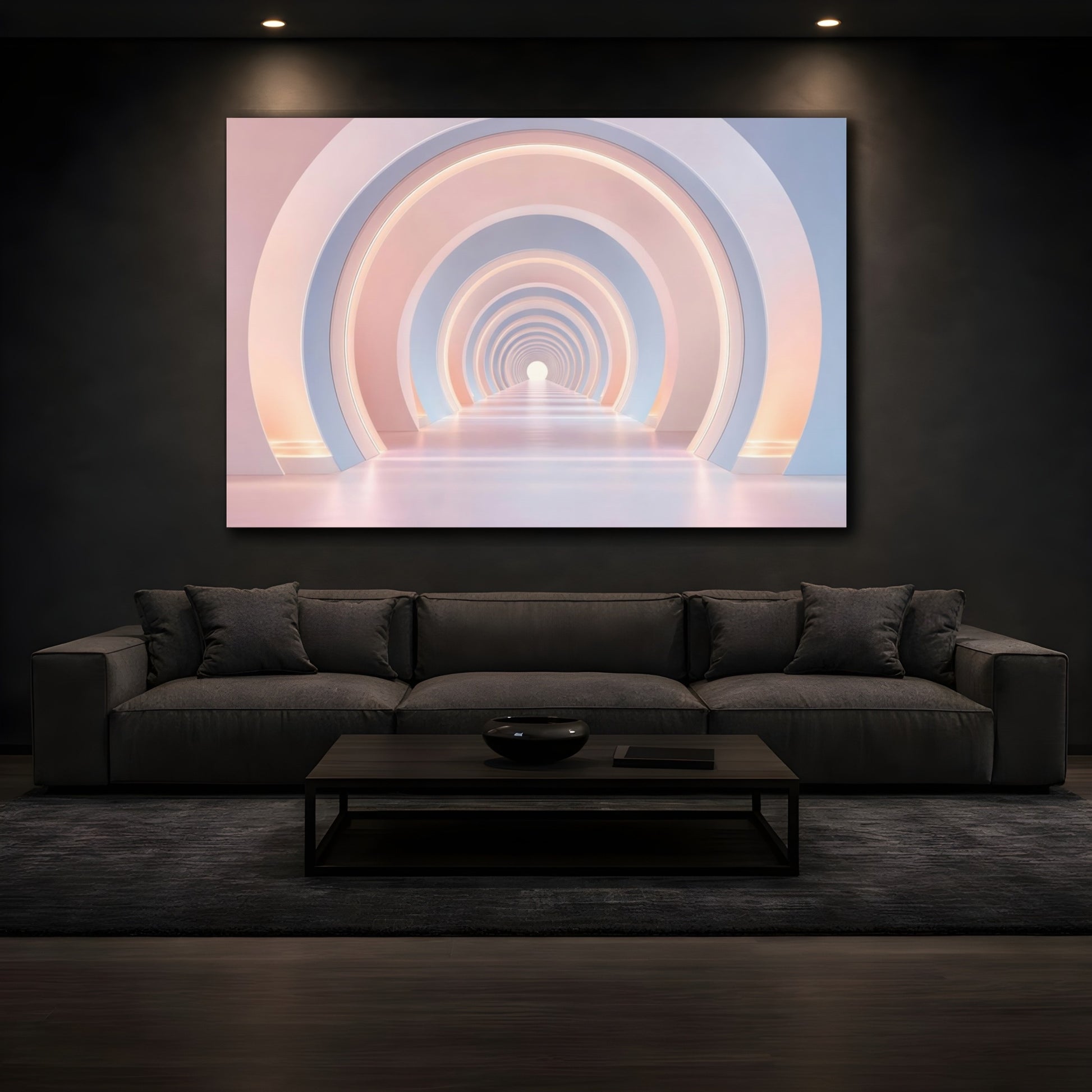 Mockup 4. Abstract Archway Tunnel Pink And Blue shown as stretched canvas wall art
