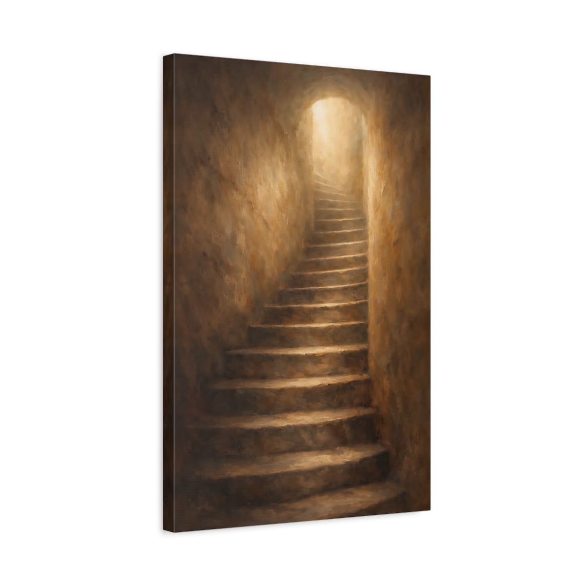 Side Mockup 3. Abstract Ascending Stairway Brown Gold Light shown as stretched canvas wall art